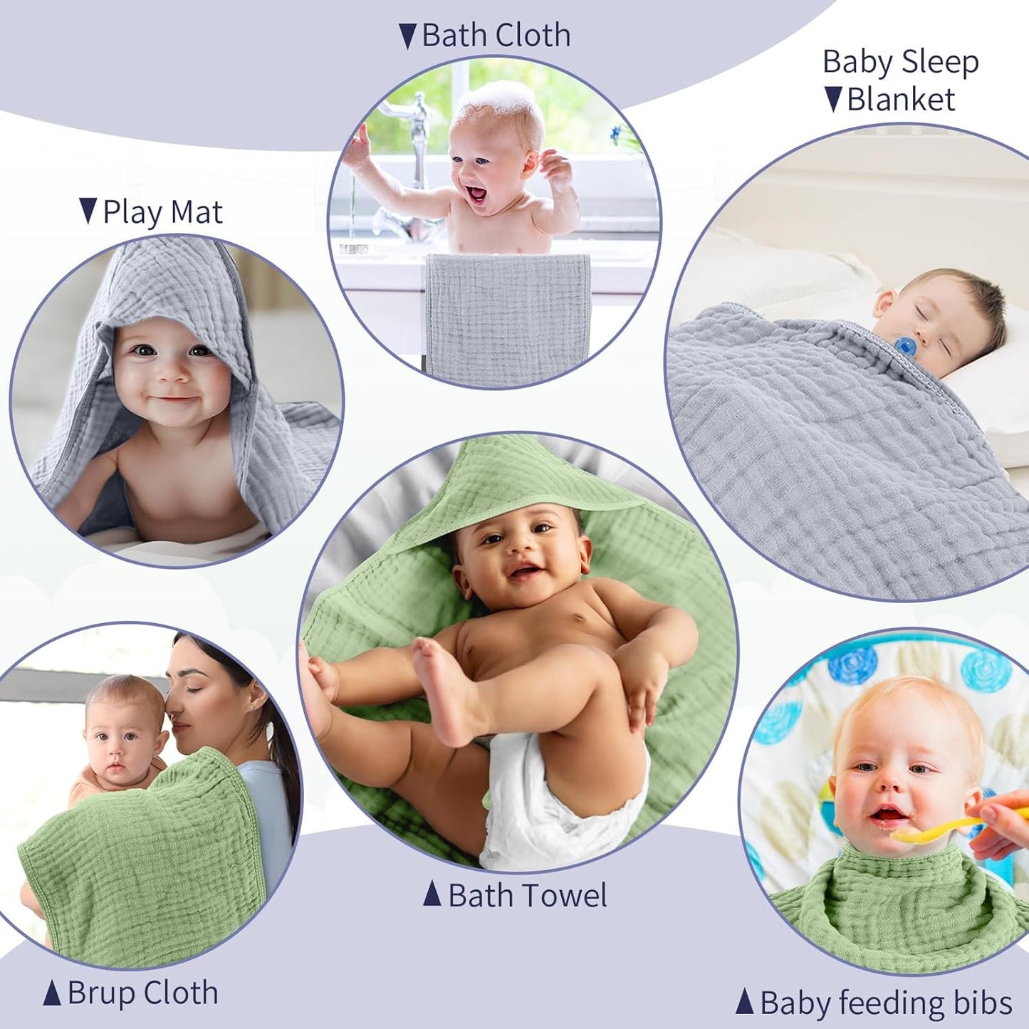 VitalCozy 6 Pcs Baby Muslin Hooded Bath Towels and Washcloths, 32 x 32 Inch Muslin Cotton Hooded Baby Towels Absorbent Blankets for Gift Newborn Infant Shower(Light Blue, Light Green)