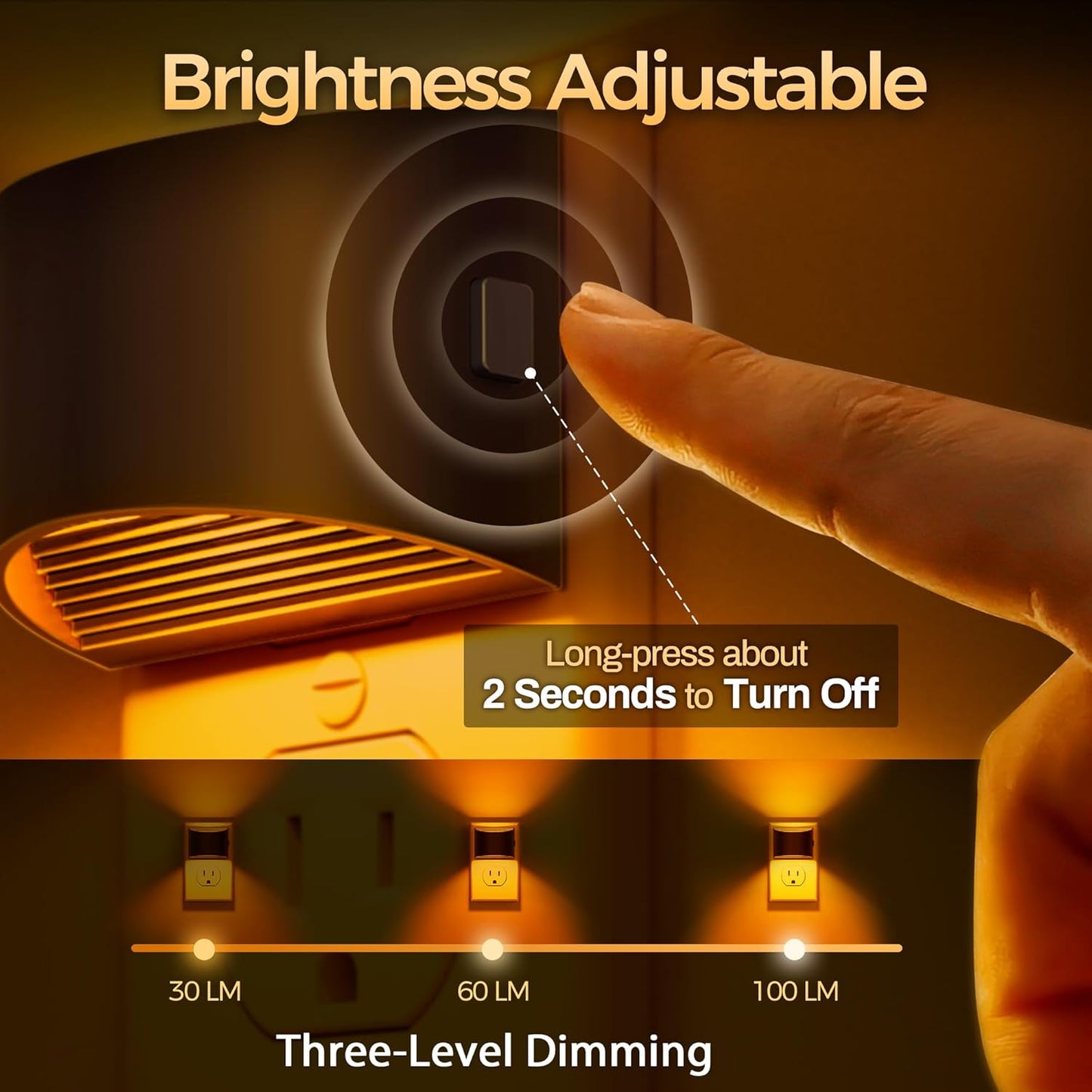 DORESshop LED Night Light[2 Pack], Night Lights Plug into Wall, 3 Level Brightness Adjustable Plug in Night Light, Dusk to Dawn Sensor, Nightlights for Adults, Bedroom, Bathroom, Hallway, Amber