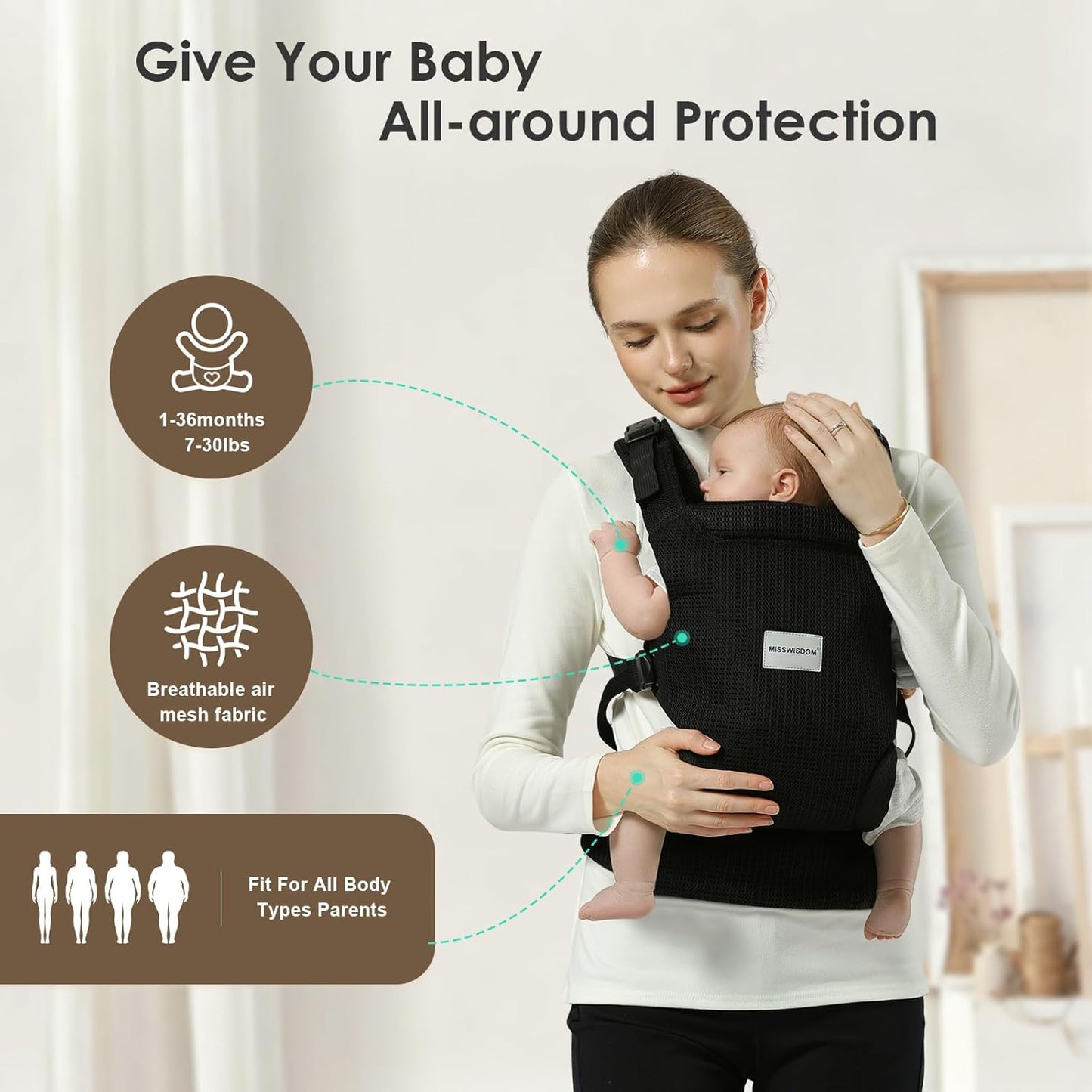 Baby Carrier Newborn to Toddler, Easy Adjustable Toddler Carrier for 7-30lbs, Baby Holder Wrap Carrier, Breathable Mesh Fabric Infant Kangaroo Hip Carriers with Lumbar Support, Black