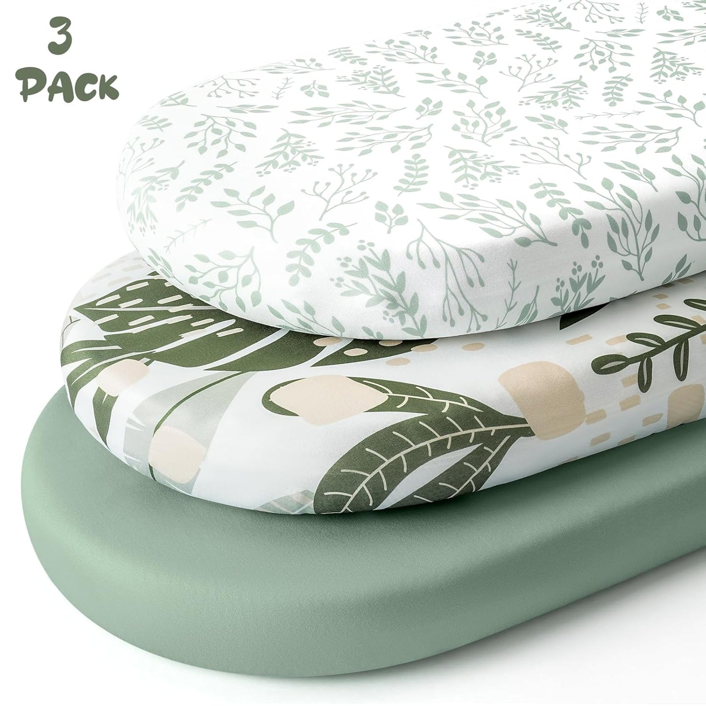 Yoofoss Bassinet Sheets for Baby,3-Pack Fitted Bassinet Sheets Set Compatible with Halo Bassinest Swivel Sleeper,Baby Delight,Angelbliss,Soft Breathable Bassinet Mattress Sheets(Green+Leaf)