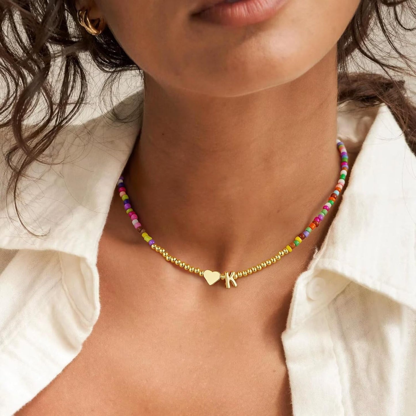 M MOOHAM Stocking Stuffers for Teen Girls Christmas Gifts - Heart Initial Necklaces for Women Kids Colorful Beaded Tiny Heart Initial Choker Necklace Jewelry for Teen Girls Trendy Birthday Gifts