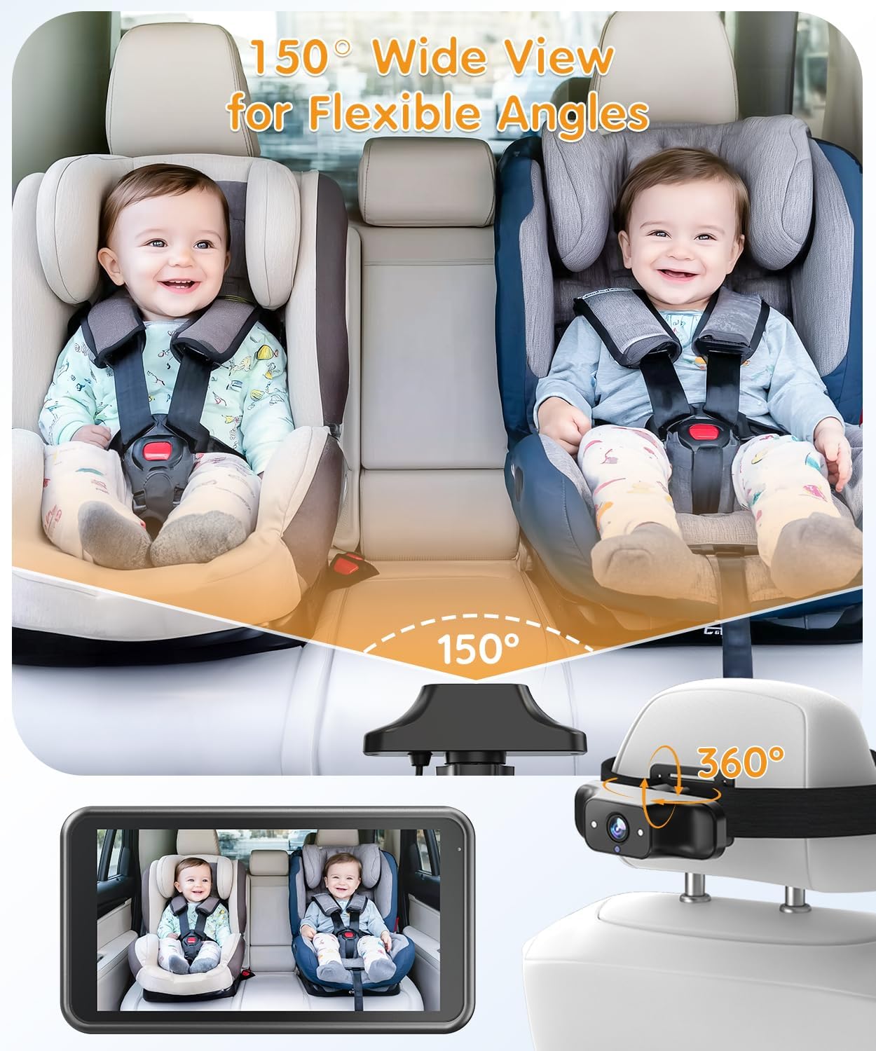 Babyvue BC1 Baby Car Camera, 4.5" 1080P HD Screen & 3X Zoom, AUTO IR Night Vision Car Baby Monitor with Adjustable Brightness, 2-Min Easy Install Car Seat Camera for Babies & Pets to Drive Safely