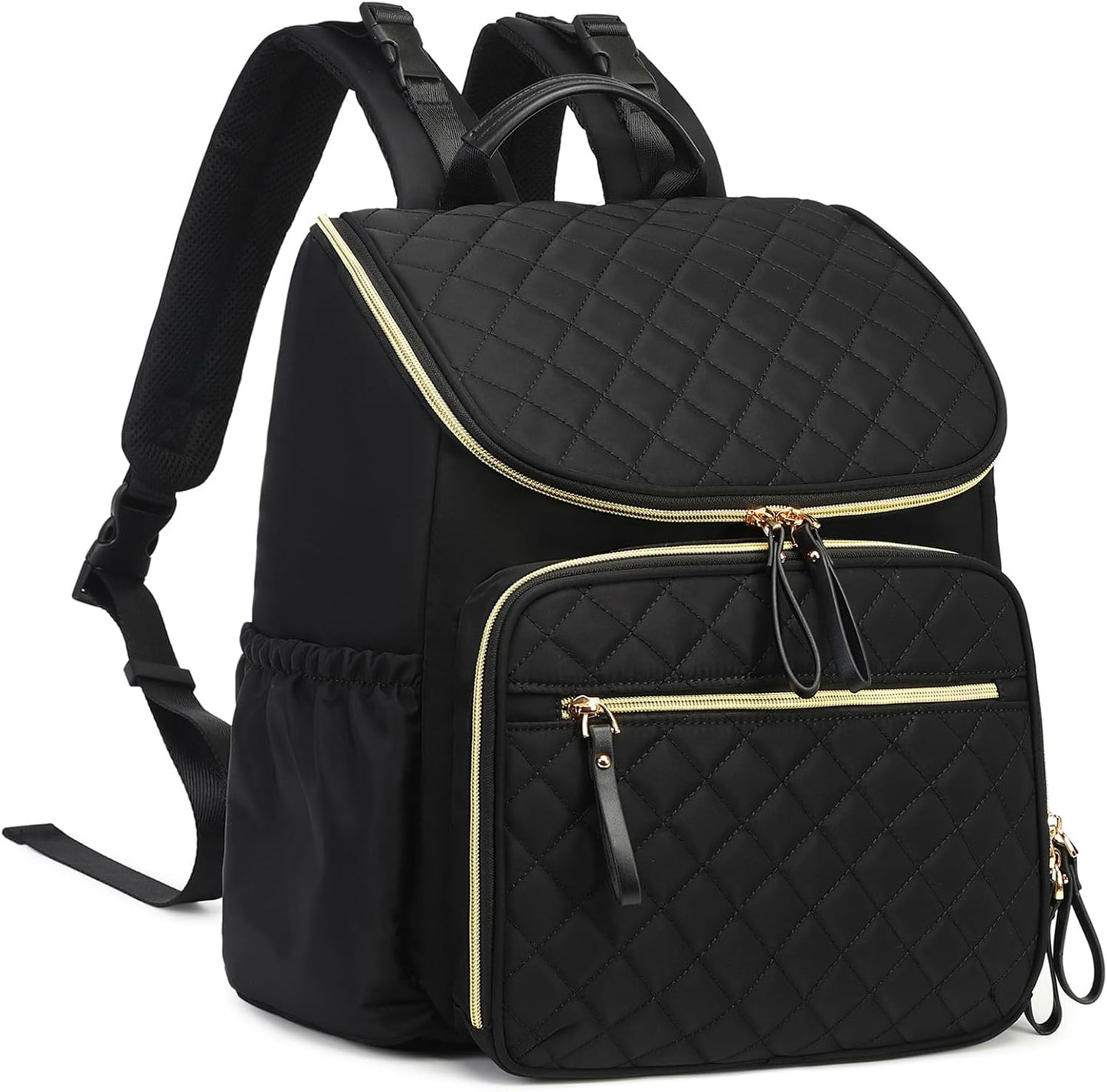 Large Capacity Diaper Bag Backpack with Stroller Buckle, Water-Resistant Travel Baby Bag with Insulated Pockets (Classic, Black-gold)