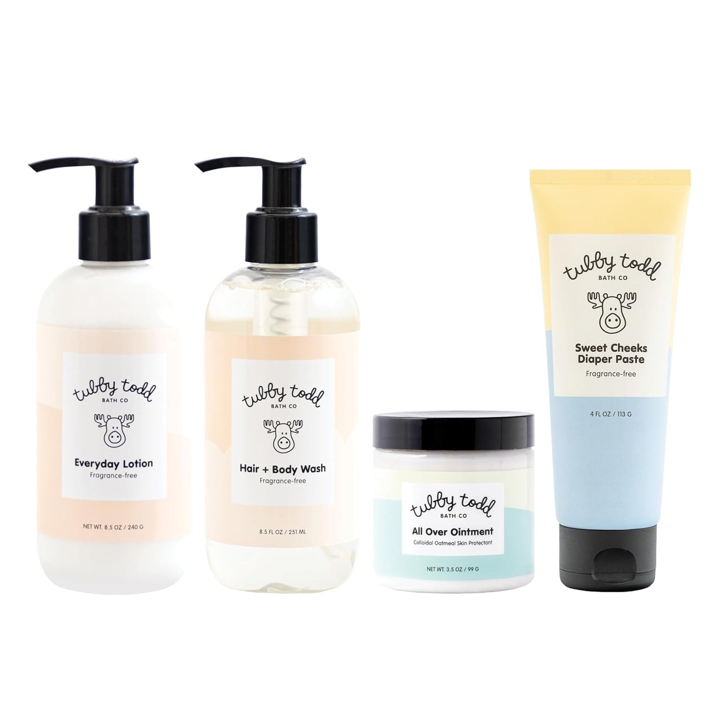 TUBBY TODD Baby Bath & Skincare Kit - The Baby Bundle - Shampoo and Body Wash, Everyday Lotion 8.5 Oz, All Over Ointment 3.5 Oz & Diaper Paste Cream 4 Oz Gift Set - Fragrance-Free