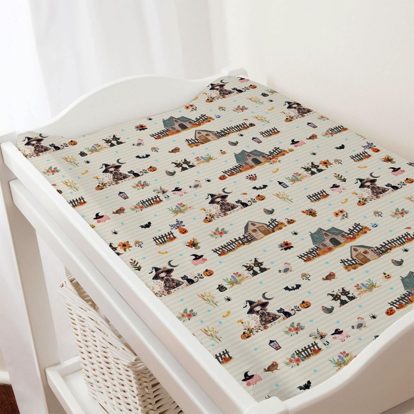 Fall Farm Witch Cats Baby Changing Pad Cover Halloween Farmhouse Pig Hen Bat Moon Pumpkins Floral Nursery Diaper Changing Table Sheets for Boy Girl Soft Stretch Changing Pad Table Mats 32''x16''
