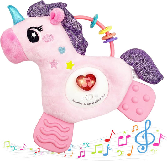Baby Musical Activity Soft Toys with Sound & Light, Sensory Toys for Infant Developmental with Teether, Rattle and Textures, Soft Plush Toy for Newborn Gift 6 to 12 Months (Pink Unicorn)