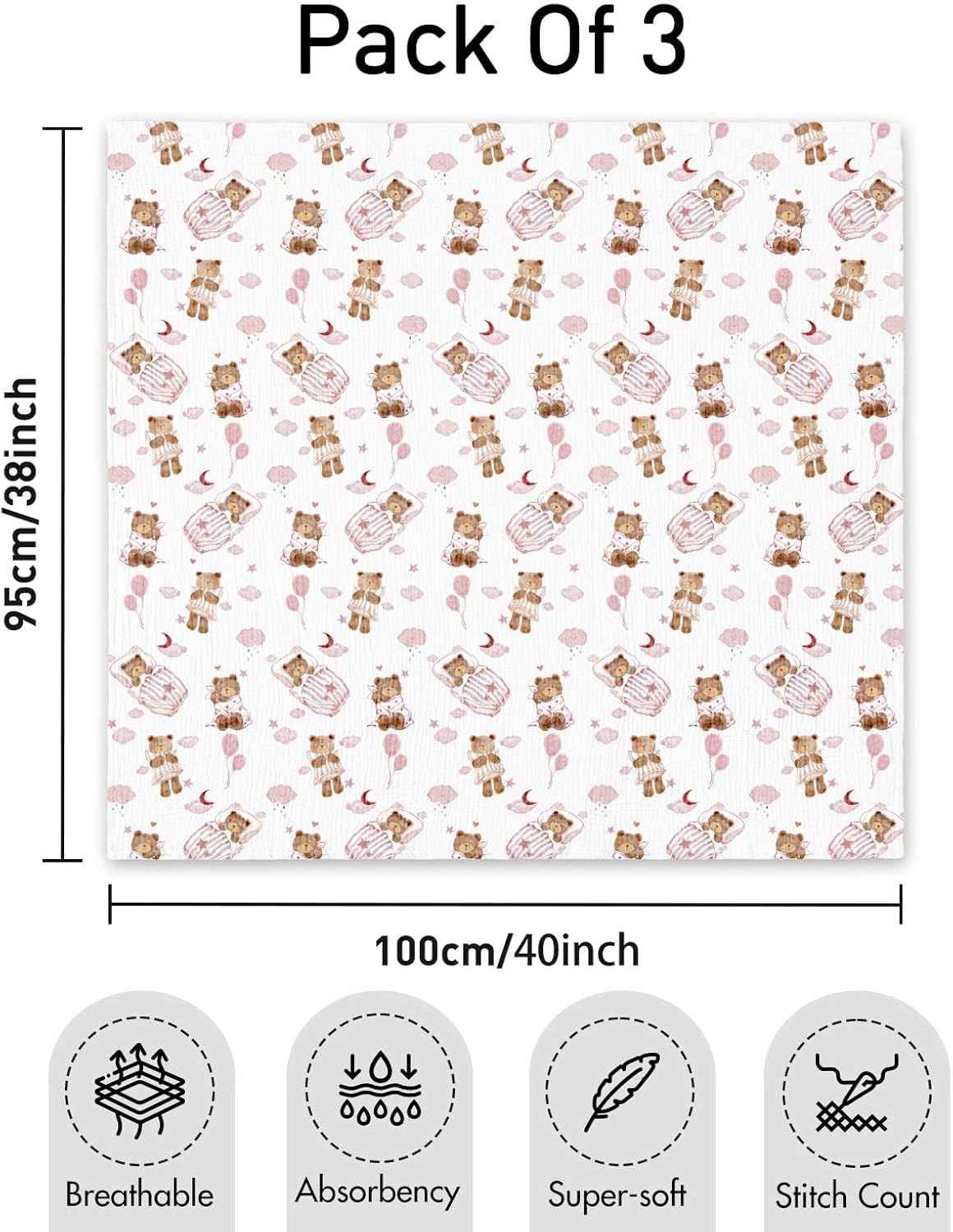 GLLQUEN BABY Muslin Swaddle Blankets,3-Pack Receiving Blanket for Newborn Boys and Girls,Baby Swaddle Blanket Unisex,Little Bear,Baby Essentials, Registry & Gift, 40 x 38 inches