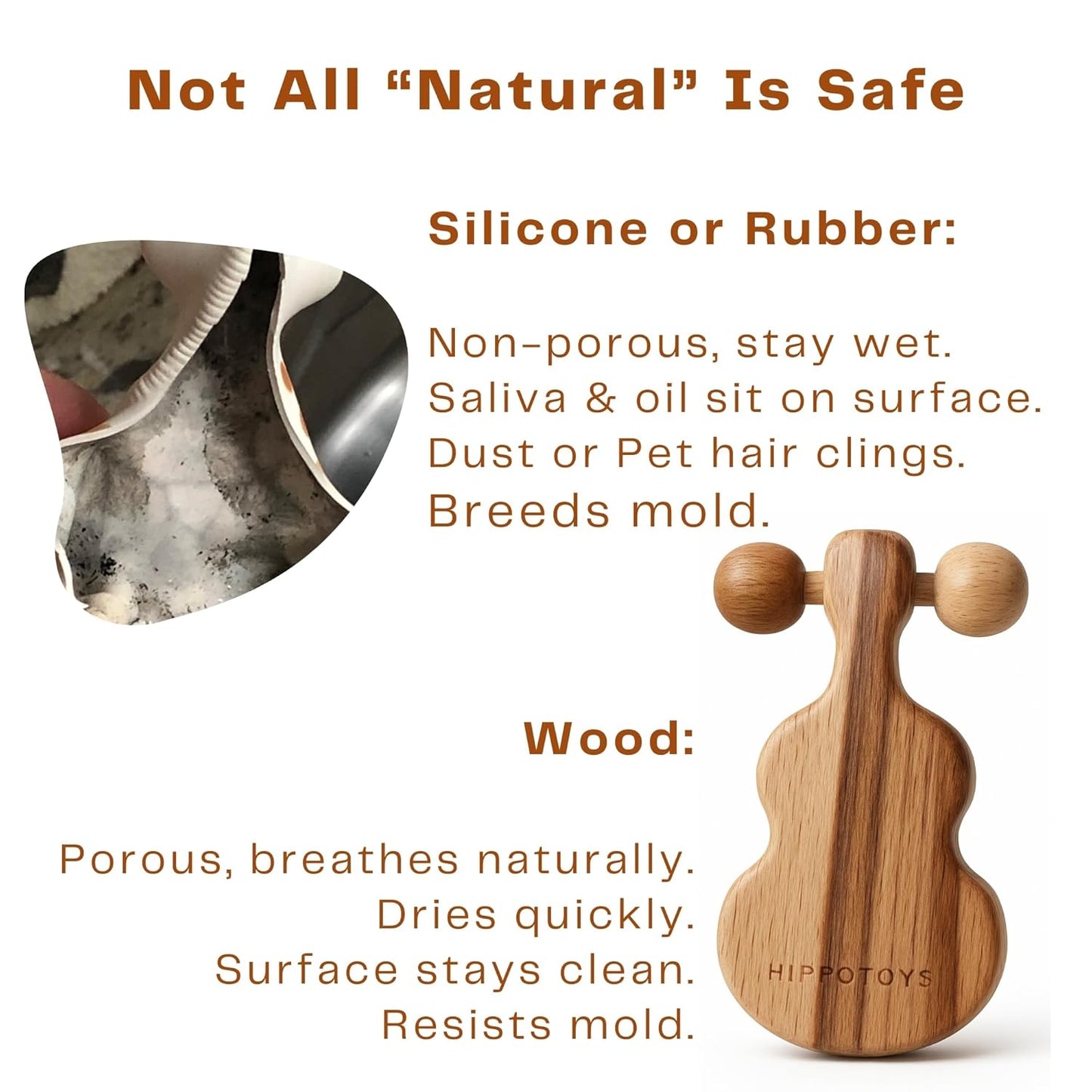 HippoToys Baby Teether – USA’s First Real Natural Wooden Teething Toys for Babies 0–18 Months – Calm Wooden Rattle – No Paint No Plastic No Toxins - Safe Baby Gift