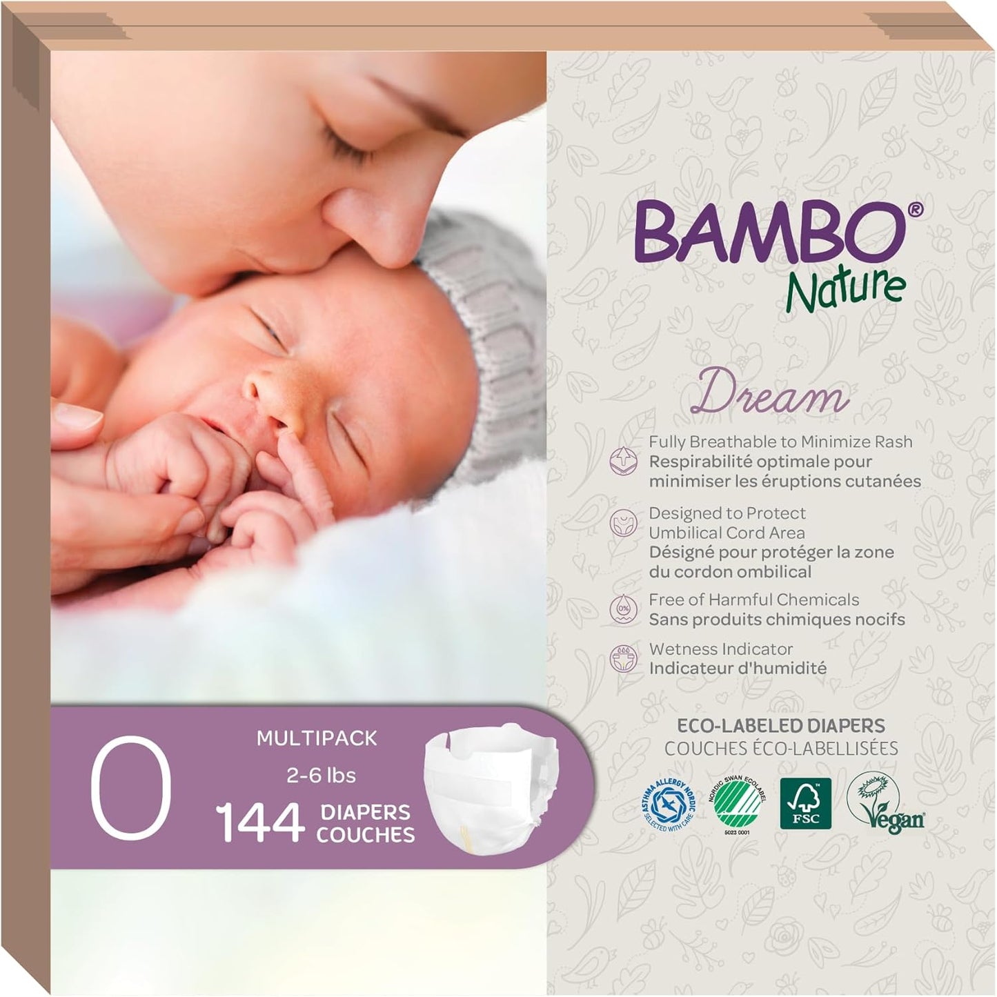 Bambo Nature Hypoallergenic Dream Baby Diapers, Premium Eco-Labeled Sustainable Diapers, Enhanced Leakage Protection, Totally Chlorine-Free, Skin Friendly, and Super Absorbent - Size 0 (144 Count)