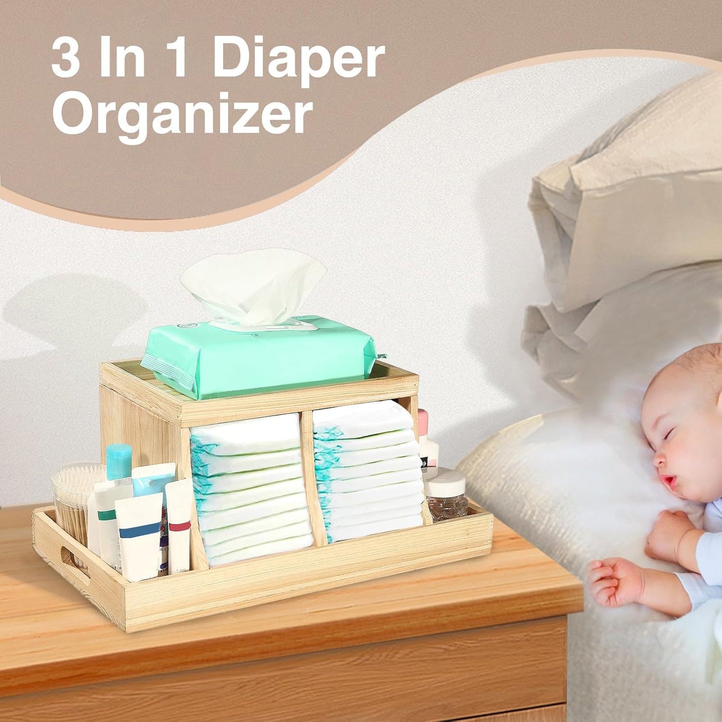 Three colors Diaper Organizer, Wooden Diaper Caddy Organizer, Changing Table Organizer, Diaper Storage Organizer, Nursery Baby Organization (Brown)