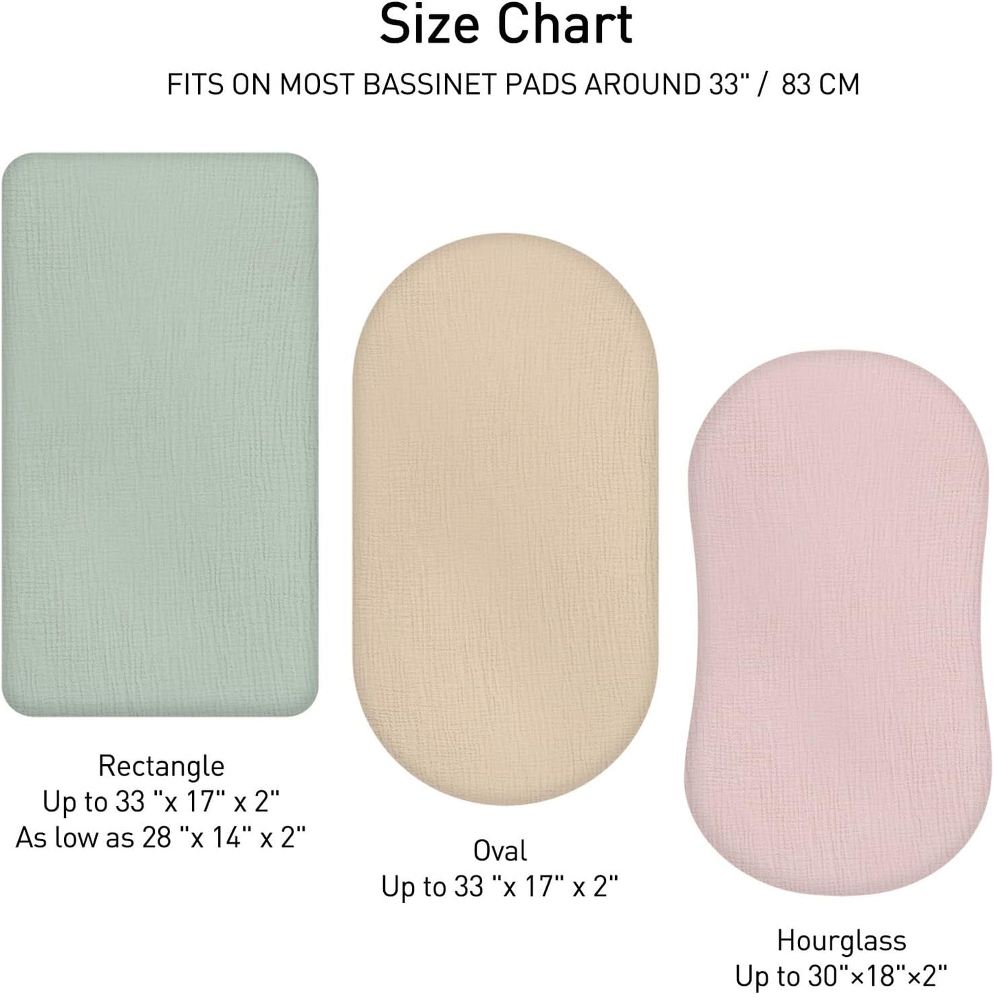 Muslin Bassinet Fitted Sheets, 2 Pack for Baby Boy and Girl, Soft Breathable Stretchy Baby Pad/Mattress Sheet Set, Universal Fit for Hourglass Oval and Rectangle Bassinet Mattress (Gentle Colors)
