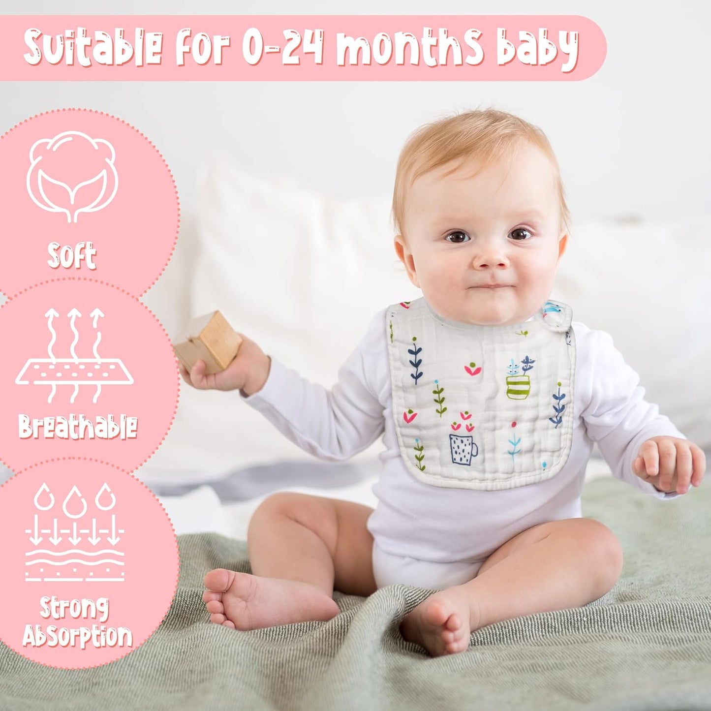 Zainpe 6Pcs Snap Muslin Cotton Baby Bibs Spring Butterflies Flowers Bib with 6 Absorbent Soft Layers Adjustable Burp Cloths for Infant Girl Boy Toddler Drooling Eating Teething Feeding 0 to 24 Months