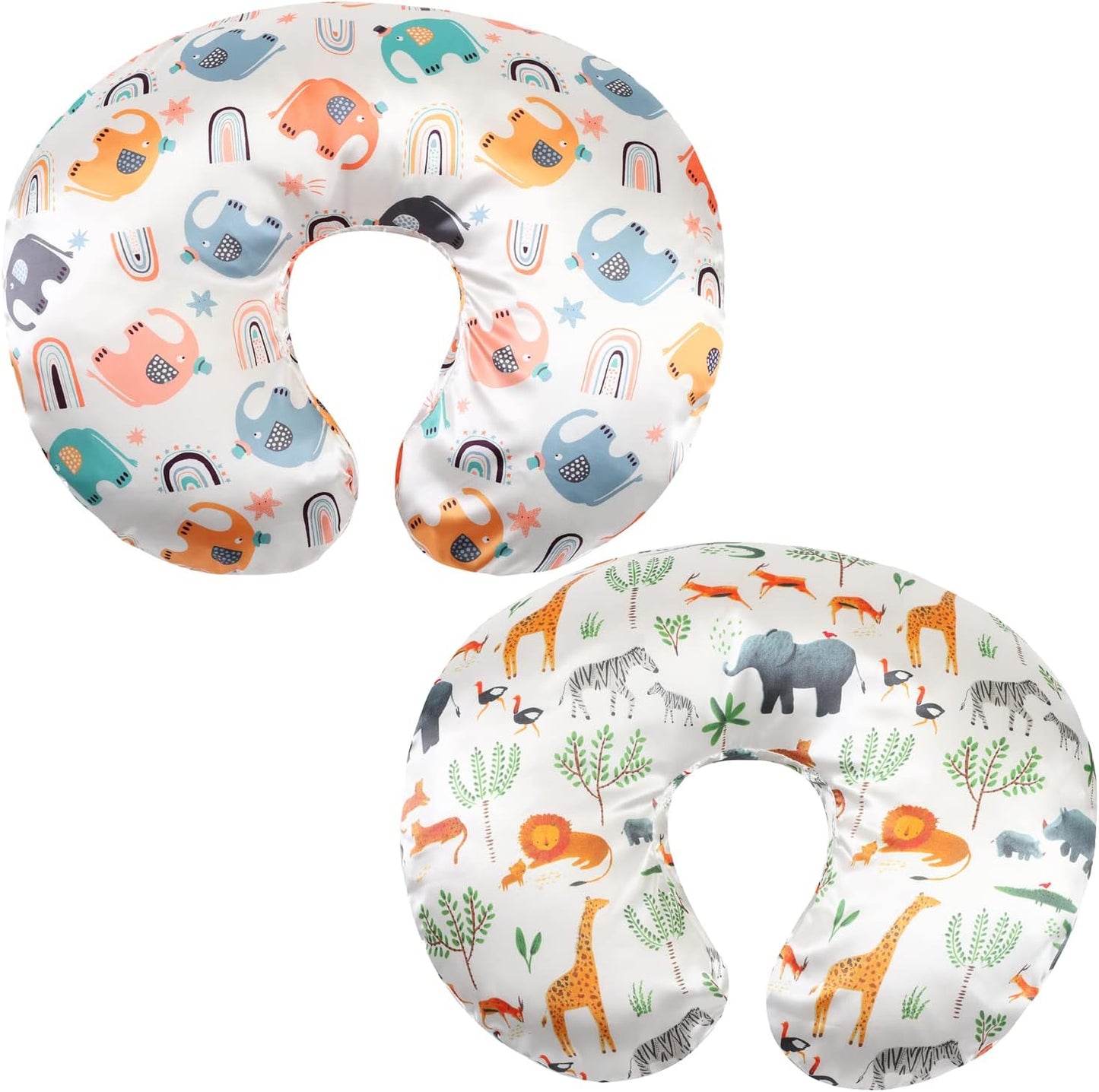 Satin Nursing Pillow Cover Set 2 Pack Ultra Soft Silk Compatible with Boppy Pillow for Breastfeeding Pillow Protect for Baby Hair and Skin Elephant & Rhino Lion
