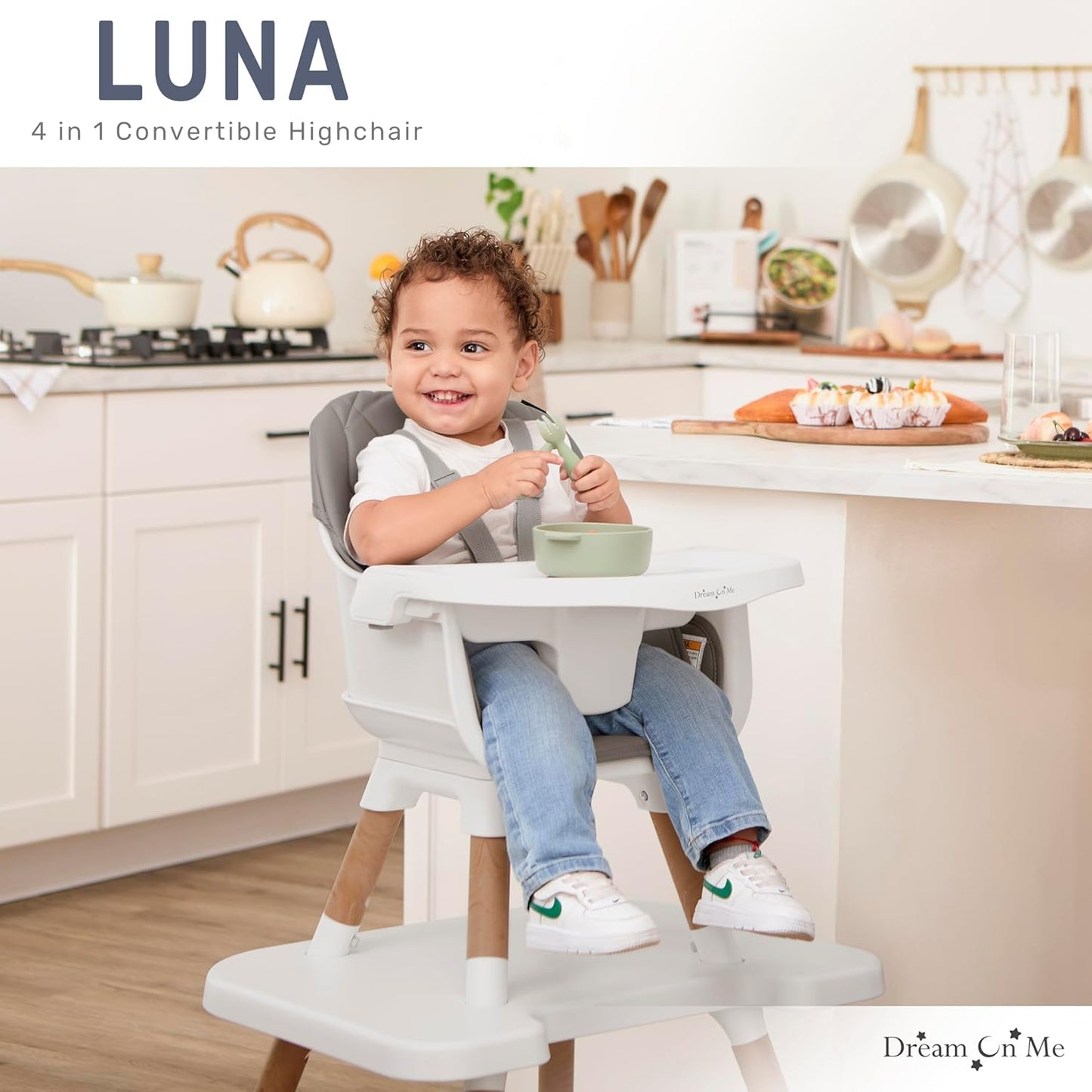 Dream On Me Luna 4-in-1 Convertible Baby High Chair in Cool Gray, Transforms into Booster, Toddler Seat & Table Set, Adjustable and Removable Tray Portable High Chair