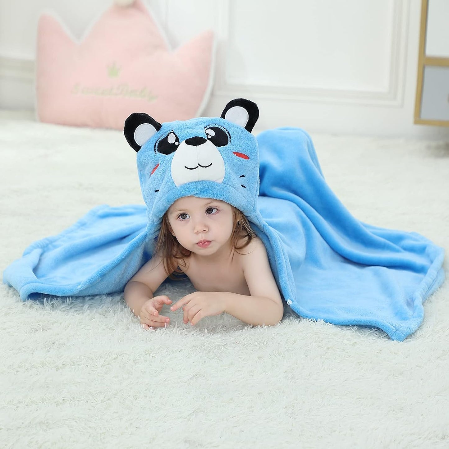 Wearable Blanket Hoodie for Kids Toddlers Hooded Towels Soft Cozy Flannel Wearable Throw Blanket Hoodie for Boys Girls Birthday Gifts (Blue Bear 60 * 50)