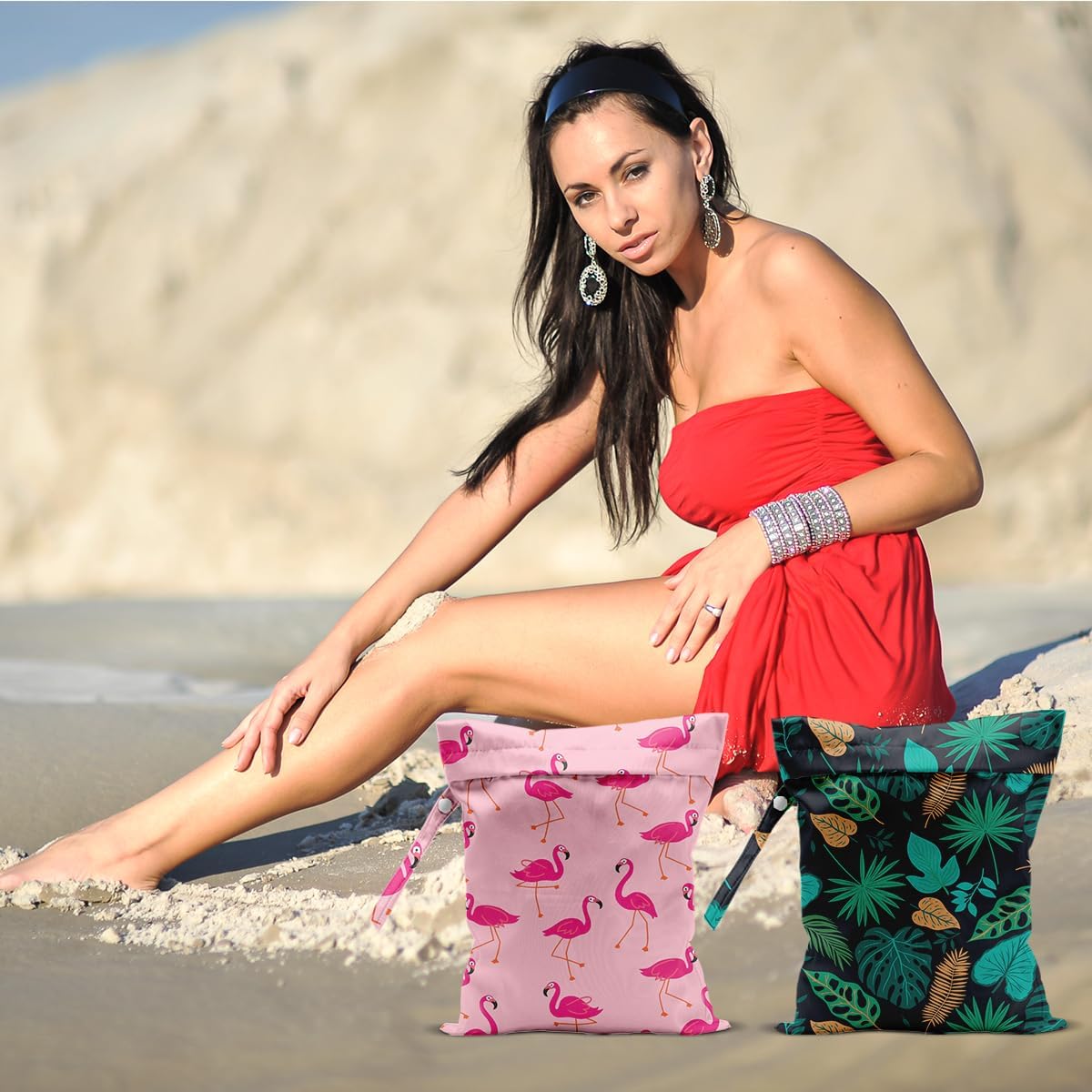 2Pcs Pink Flamingo Wet Bags 12x10 Inch, Green Leaves Waterproof Travel Laundry Bags, Reusable Wet Dry Bag for Swimsuit Pool Beach Diapers Dirty Yoga Gym Clothes, Flamingo Gifts for Women