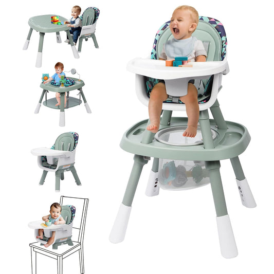 Xilingol 15-in-1 Convertible High Chair, 2-in-1 Baby Highchair & Activity Center W/Toys, Booster Seat | Building Block Table | Toddler Chair W/Removable Tray & 5-Point Harness & 2-Layer Cushion(Green)