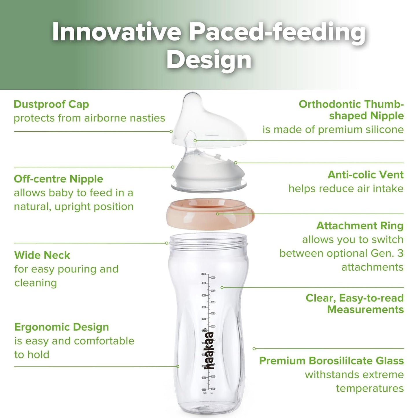 haakaa Gen.3 Natural Glass Baby Bottle 11oz/1PK - Wide Neck Anti-Colic Variable Flow Nipple,Easy to Clean & Latch for 6m+ Breastfeeding Baby Toddler,BPA-Free - Peach