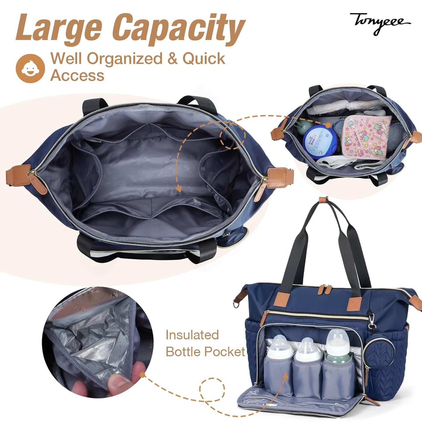 Diaper Bag Tote, Large Baby Diaper Bags Waterproof, Hospital Bag for Labor Delivery with Pacifier Case, Changing Pad, Shoulder Strap, Dark Blue