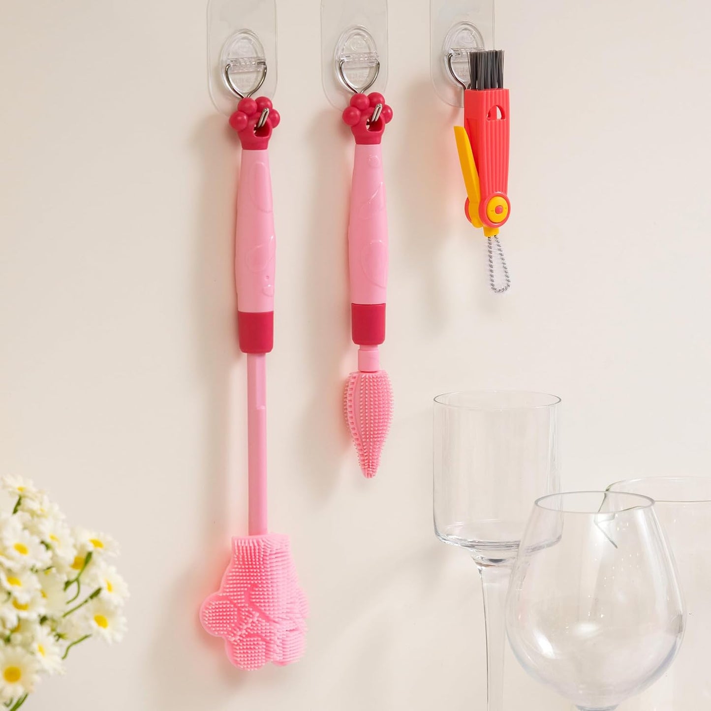 Chemimoso Adjustable Handle Length 10.5-13.8in Water Cup Cleaner Bottle Brush, Silicone Baby Bottle Brush, Pot Brush Cleaner, Pink