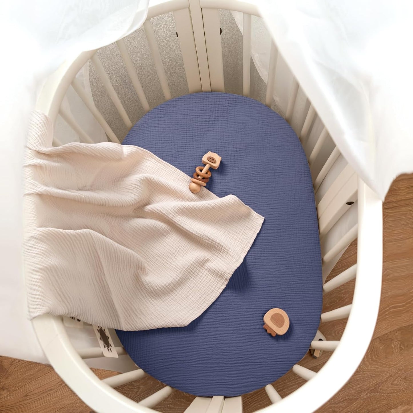 lulumoon Baby Muslin Bassinet Sheets: Cotton Bassinet Sheets Neutral for Boys and Girls - Fitted for Oval Rectangle or Hourglass (Navy & Cream, Standard Bassinet)