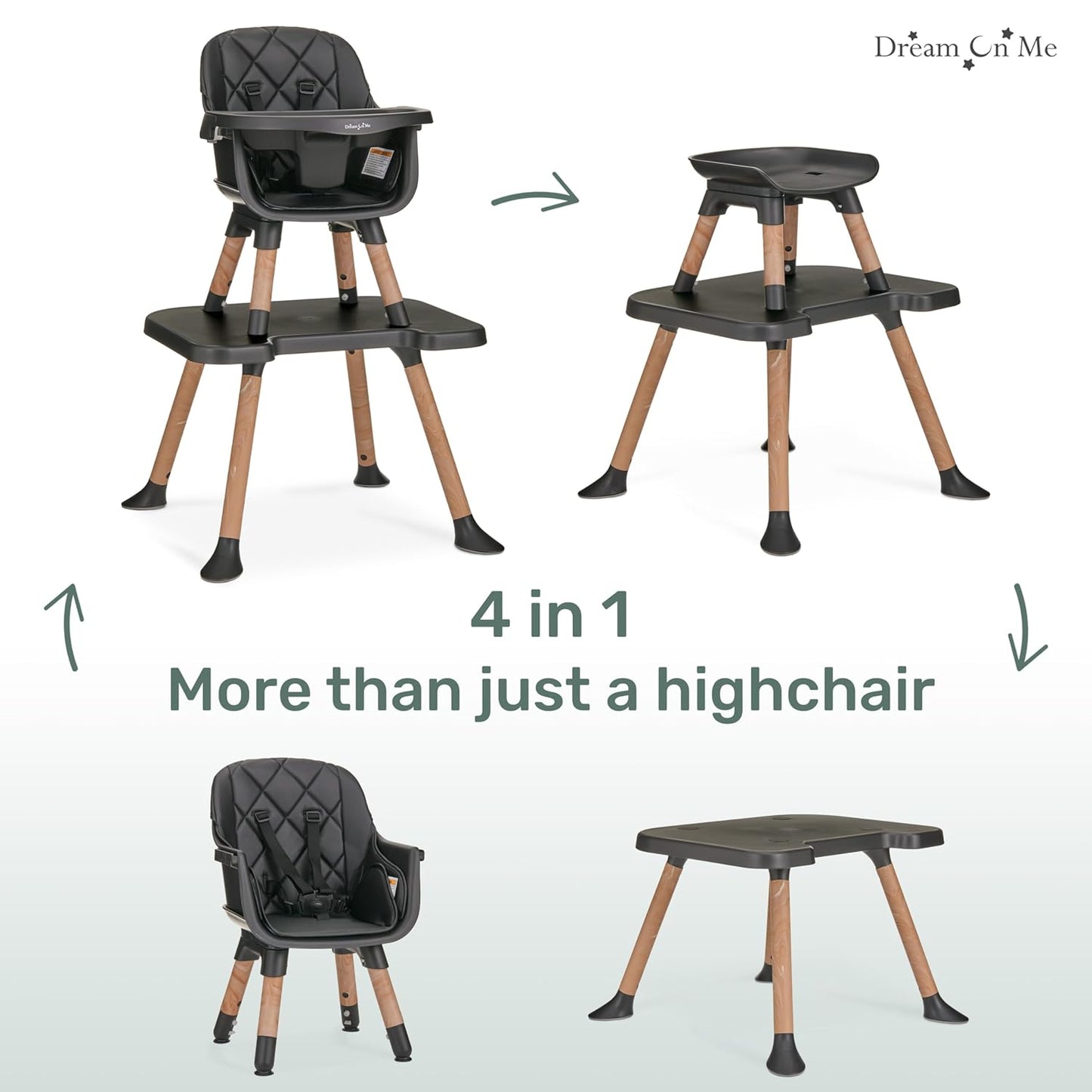 Dream On Me Luna 4-in-1 Convertible Baby High Chair in Black, Transforms into Booster, Toddler Seat & Table Set, Adjustable and Removable Tray Portable High Chair