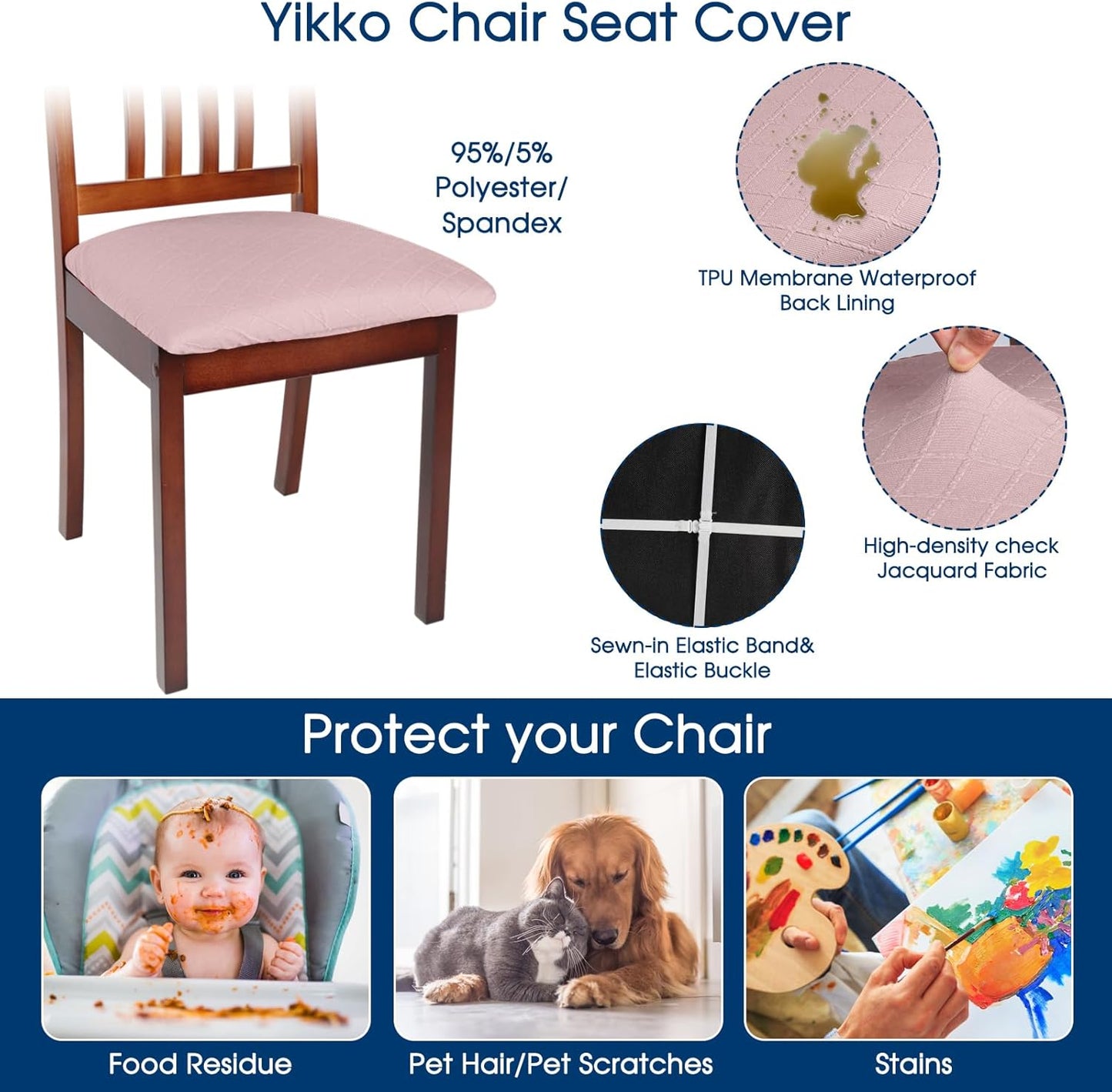Yikko Chair Seat Covers, High-Density Check Jacquard Ekedalen Seat Covers for Dining Kitchen Restaurant Banquet, Stretch Removable Washable Chair Seat Cushion Protector (4, Pink)