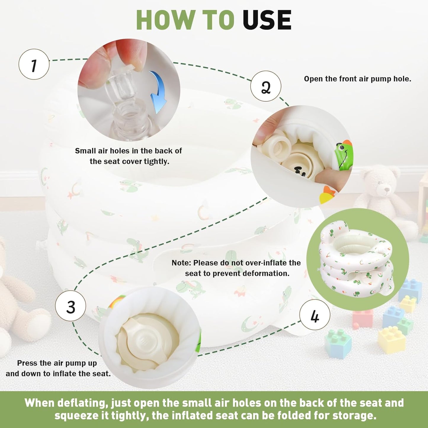 Inflatable Baby Seat for 3-36 Months Babies, Blow up Baby Chair with Built-in Air Pump, PVC Material, Full Enclosure Protection, Outdoor Travel Inflatable Chair for Infant, Green Dinosaur