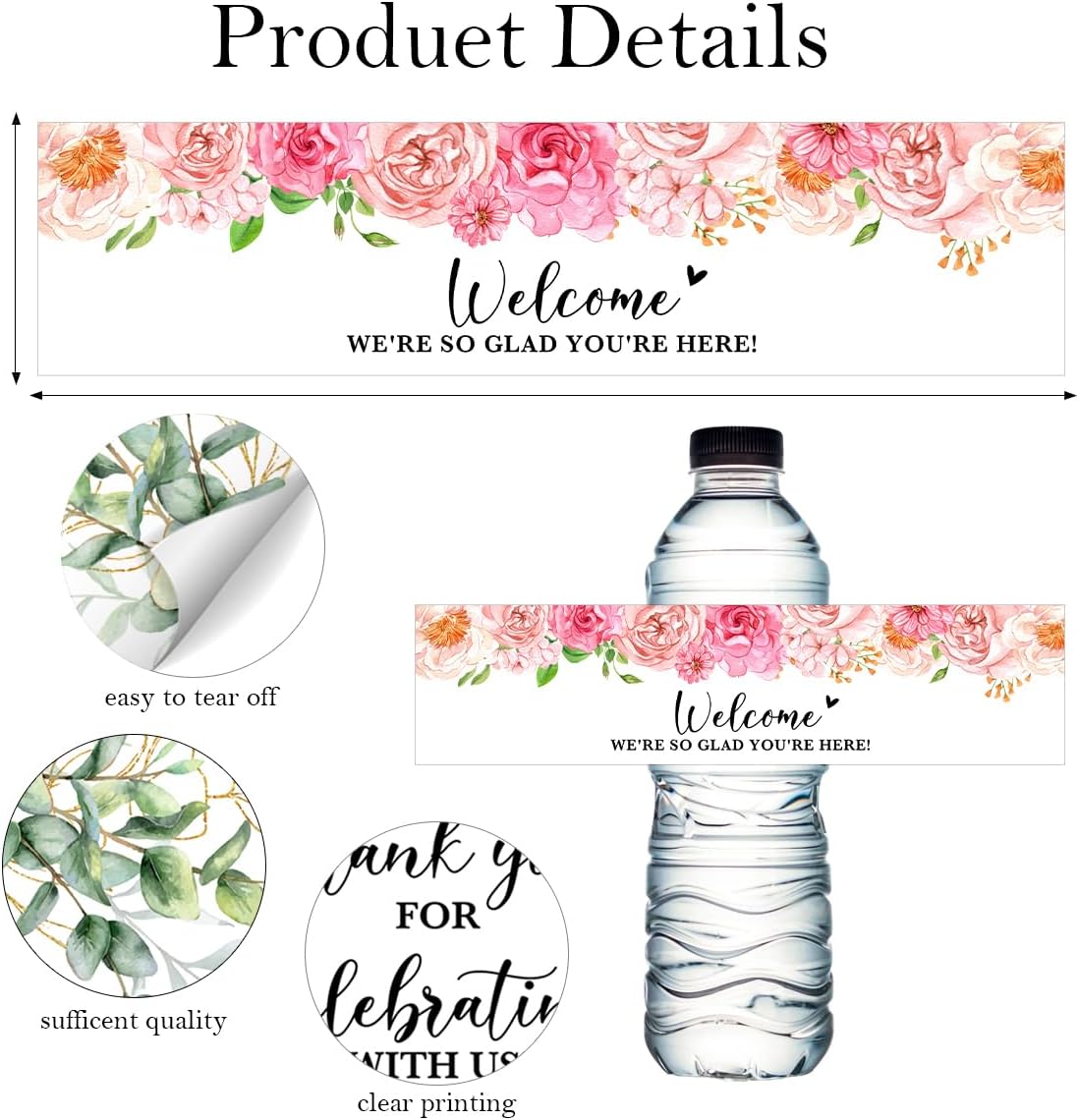 100PCS Wedding Water Bottle Labels Waterproof Greenery Floral Wraps Sticker for Water Bottle Baby Shower Bottle Label for Bridal Shower Party Welcome A03