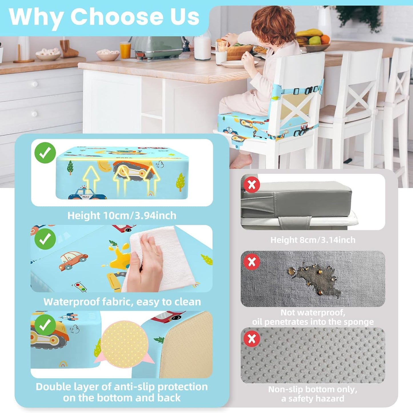 Toddler Booster Seat for Dining Table with Adjustable Straps, Kids Booster Seat for Kitchen Chair with Non-Slip Bottom, Portable Detachable Washable Increasing Cushion (Excavator)