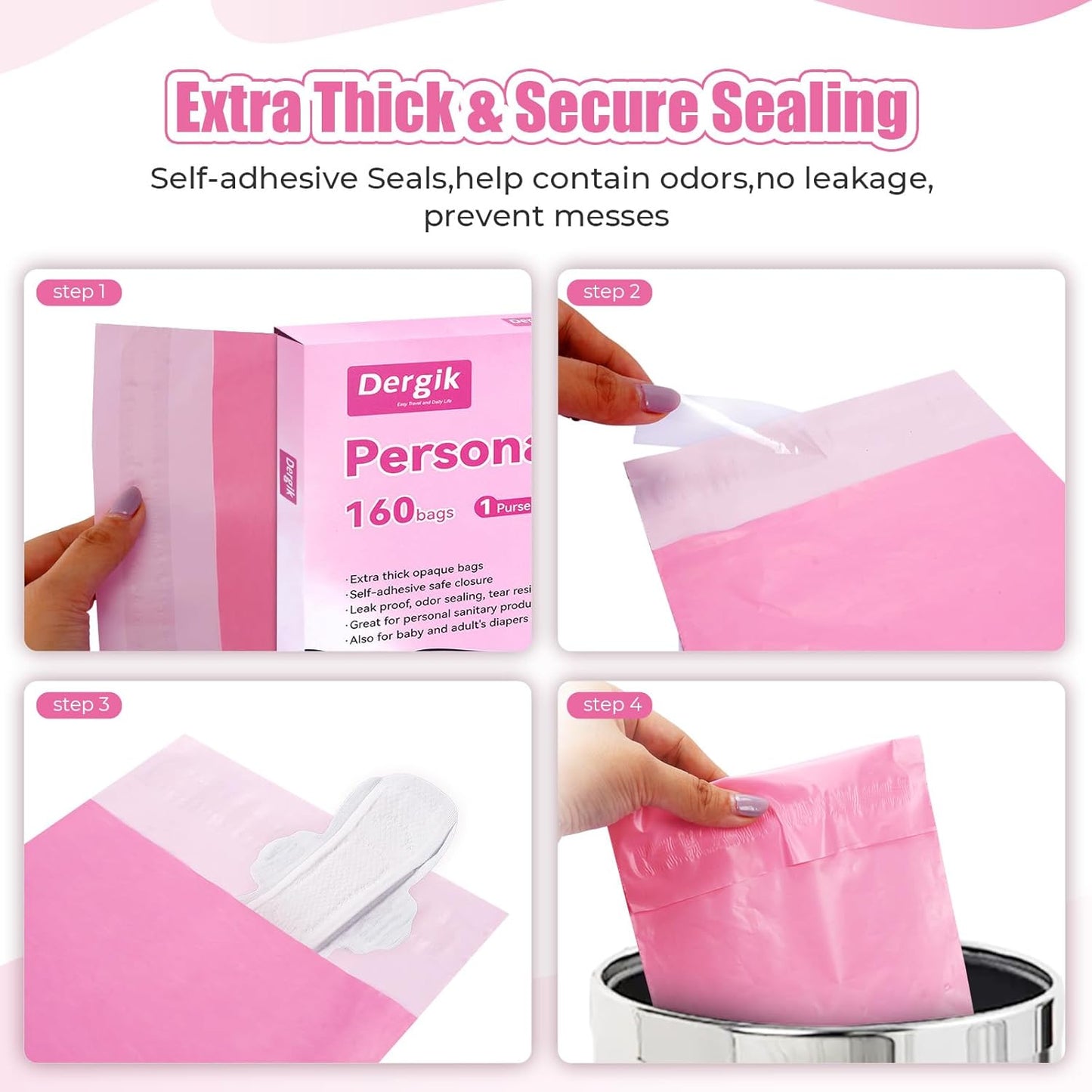 Diaper Disposable Bags, 160 Pcs Opaque Personal Disposal Bag, Secure Closure, Odor Control,Discreet Disposal for Diapers, Incontinence Pads, Tampons, Sanitary Product,With Purse Pouch, Pink