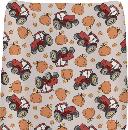 Red Tractors Pumpkins Baby Changing Pad Covers for Boy Girl Autumn Farm Trucks Harvest Fitted Change Table Mats Fall Farmhouse Vehicle Soft Diaper Changing Pad Sheets for 32''×16'' Contoured Pad