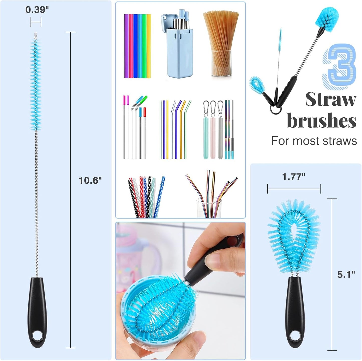 Water Bottle Brush Set, Long Handle 3-in-1 Stainless Steel Water Bottle Scrubbing Brush, Cleaning for Narrow Neck Bottles, Sport Bottles, Baby Bottles, Coffee Mugs, Tumblers, Flask(Short Size)