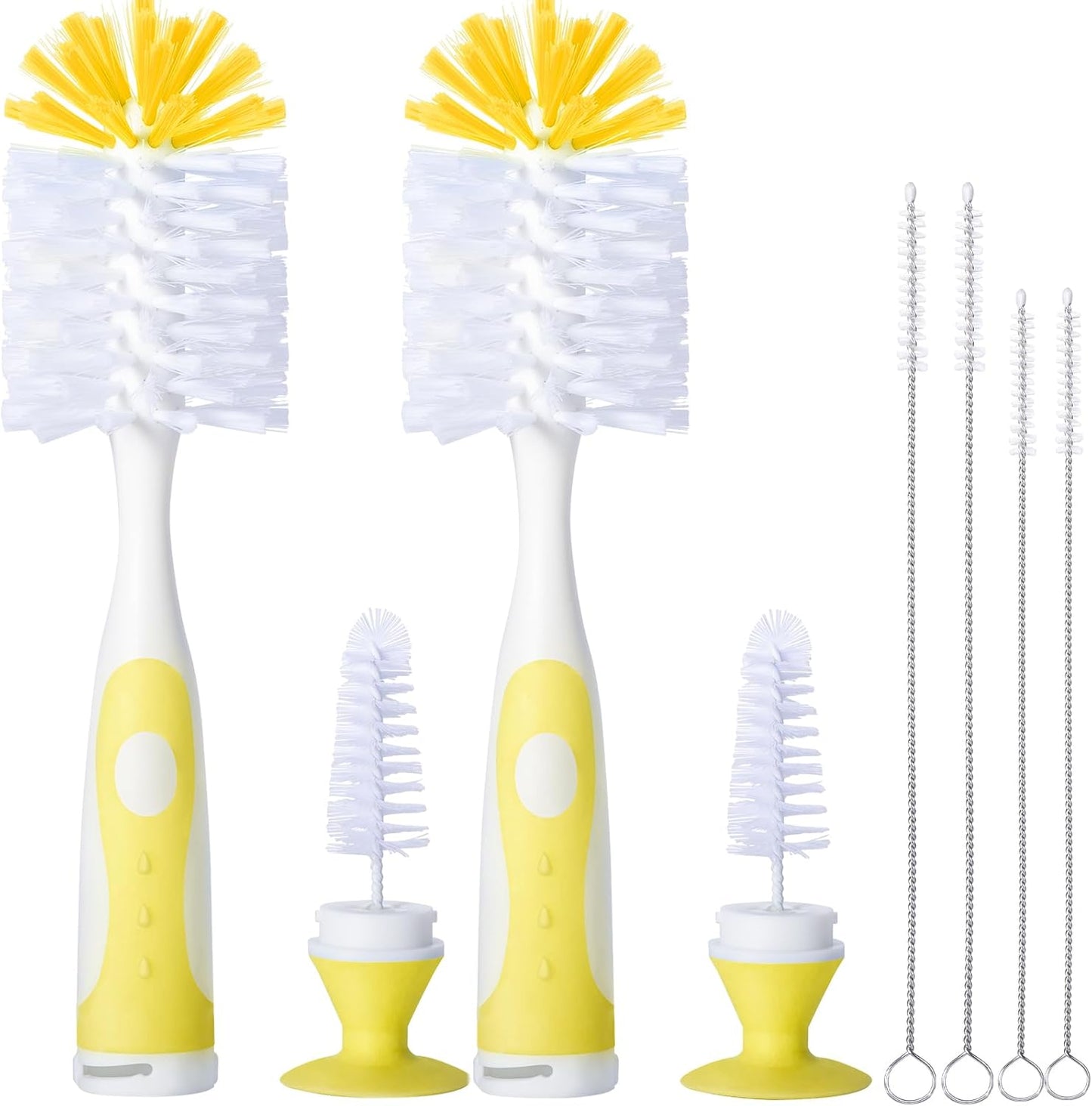 2 Pack Baby Bottle Brush with 4 Pack Straw Brushes, 10.2" Nylon Brushe with Nipple Cleaner and Stand Suction Cup, Yellow