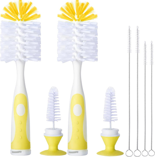 2 Pack Baby Bottle Brush with 4 Pack Straw Brushes, 10.2" Nylon Brushe with Nipple Cleaner and Stand Suction Cup, Yellow