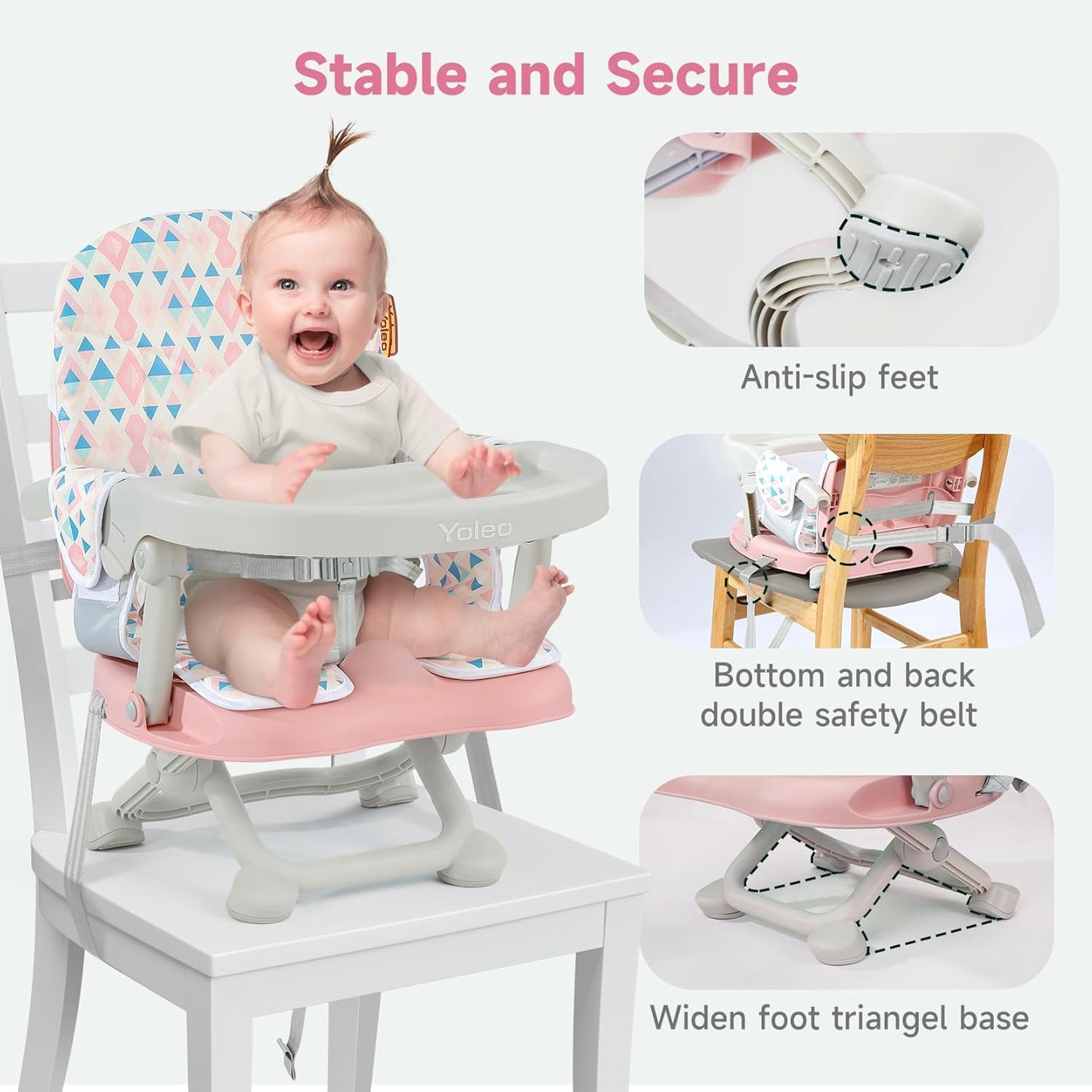 YOLEO Baby High Chair Booster Seat for Dining Table, Adjustable Height Travel Foldable High Chairs with Tray