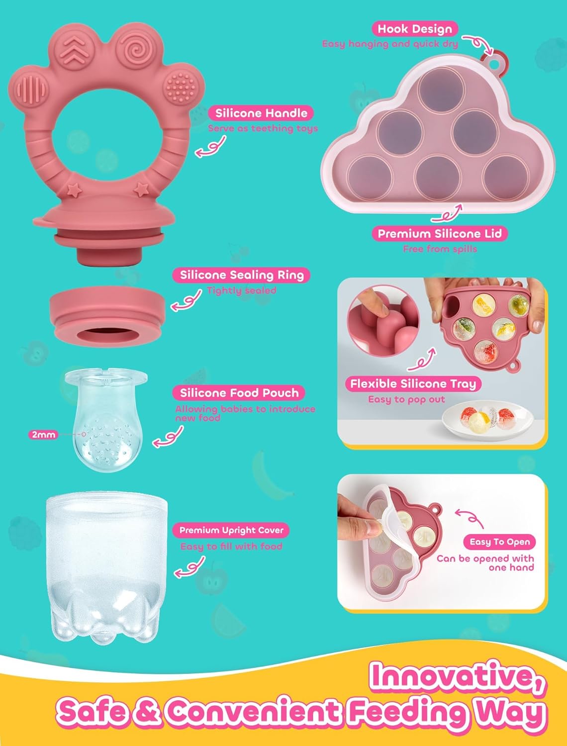 Breastmilk Popsicle Molds & Baby Fruit Food Feeder Pacifier, Silicone Baby Food Storage Containers, Baby Popsicle Molds Teething for Toddler Teething & Infant Self Feeding (Pink)