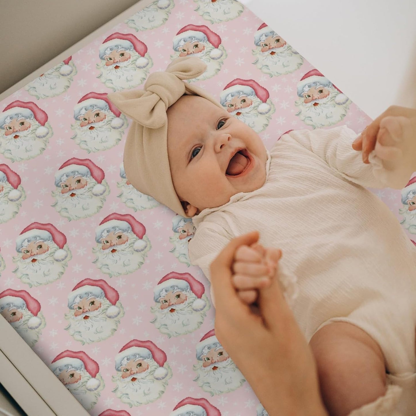 Vintage Christmas Santa Claus Snowflakes Baby Changing Pad Covers for Boys Girls Pink Santa Fitted Changing Table Cover Mats Winter Holiday Festive Soft Diaper Change Table Cover Sheets 32''×16''