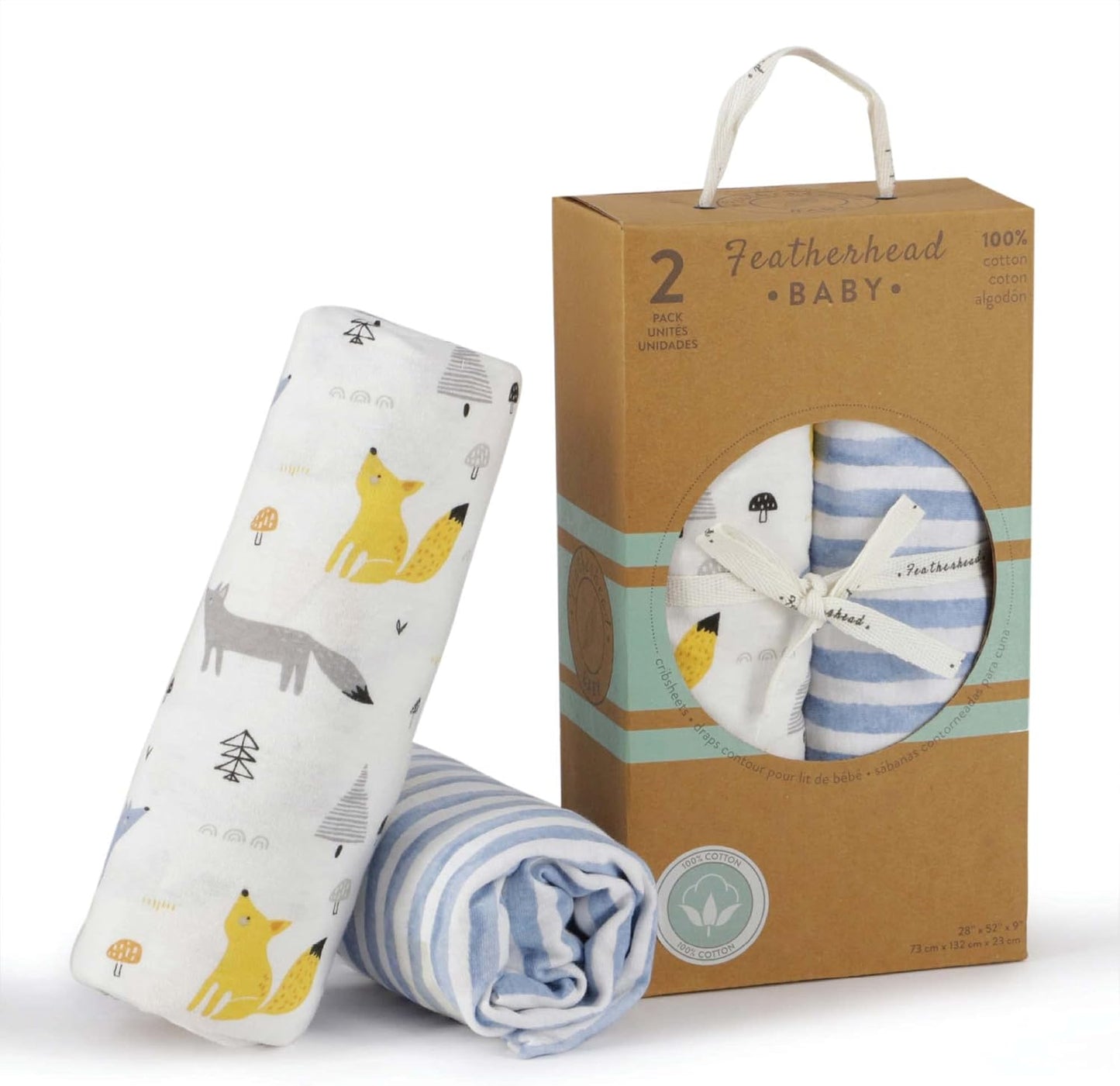 Featherhead™ 2-Pack Fitted Crib Sheets - 100% Cotton - 52" x 28" x 9" for Standard Crib and Toddler Mattress (Jersey Blue Foxes)