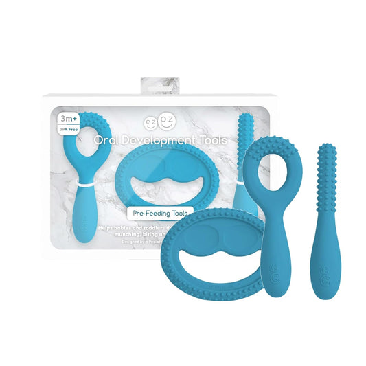 ezpz Oral Development Tools (3 Pack in Blue) - 3 Months+ - Non-Slip Loop, Smile and Stick 100% Silicone Tools - Prepare for Chewing + Solids - Baby-Led Weaning Supplies
