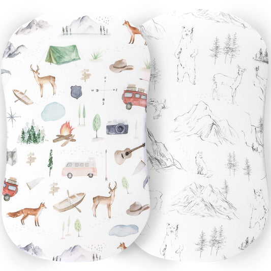 Pobibaby - 2 Pack Premium Bassinet Sheets for Standard Bassinets - Ultra-Soft Cotton Blend, Stylish Woodland Pattern, Safe and Snug for Baby (Explore)