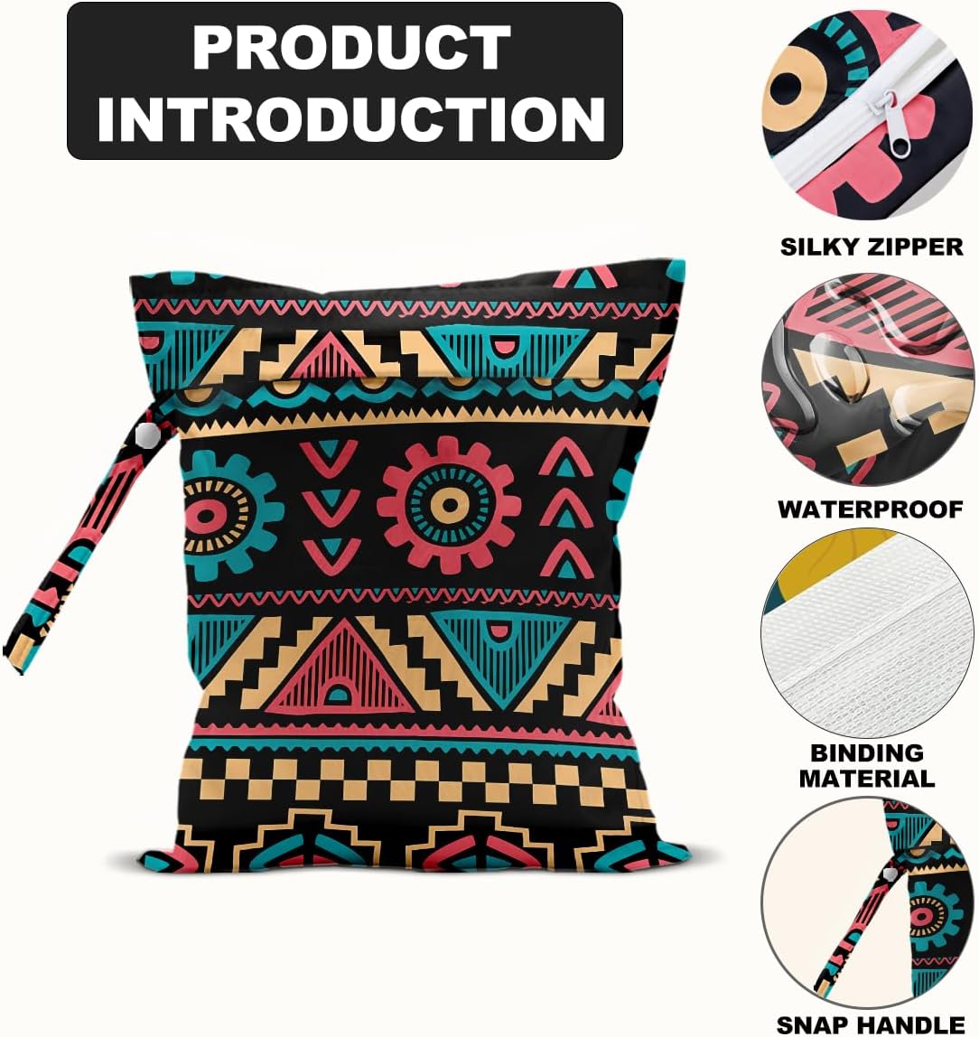 2Pcs Ethnic Print Wet Bags, Wet Dry Bag Reusable Zipper Pouch for Swimsuit, Diapers, Travel, Pool, Beach, Dirty Yoga Gym Clothes, Toiletries, Waterproof Birthday Christmas Gifts