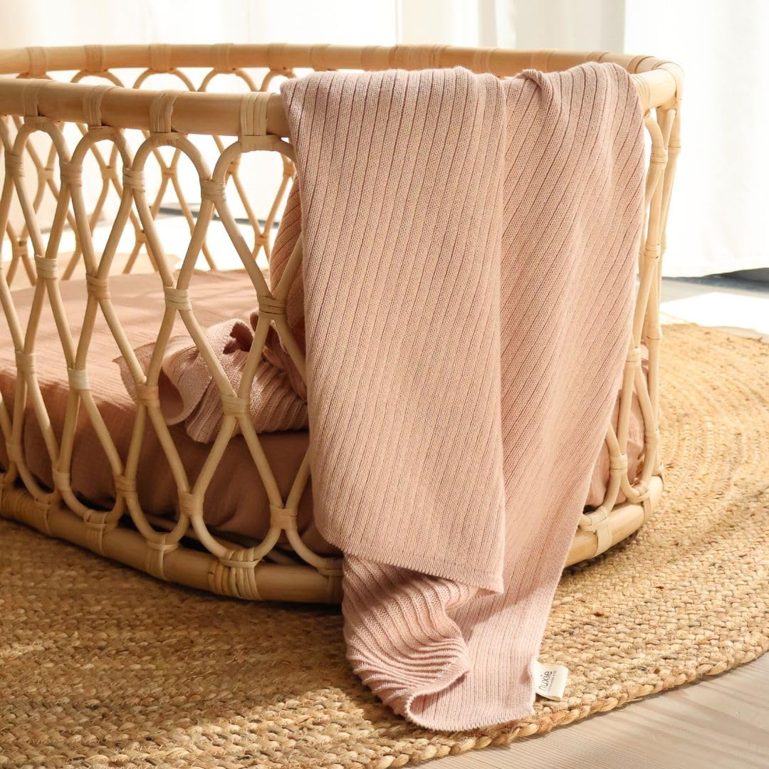 Knitted Organic Cotton Baby Blanket- Swaddle Blanket, 30" x 40" Soft Receiving Blanket for Newborn (Ribbed-Blush)