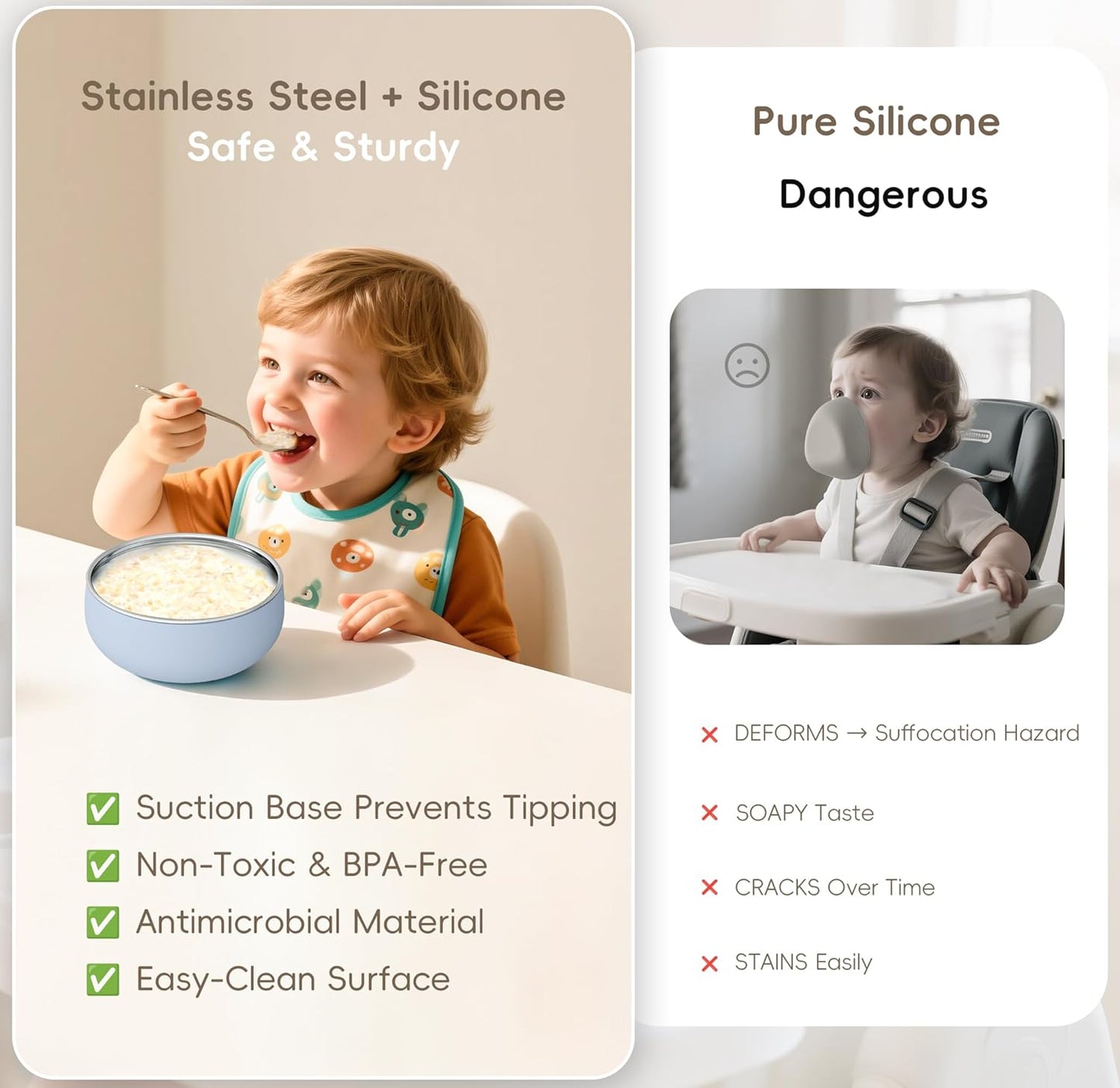 Bella's Friends Stainless Steel Baby Bowls with Silicone Sleeve 3 Pack, 4.3” for Toddlers Kids Feeding, Non-Slip, Non-Toxic, Mess-Free, Dishwasher Safe, Fit High Chair Size, blue yellow green