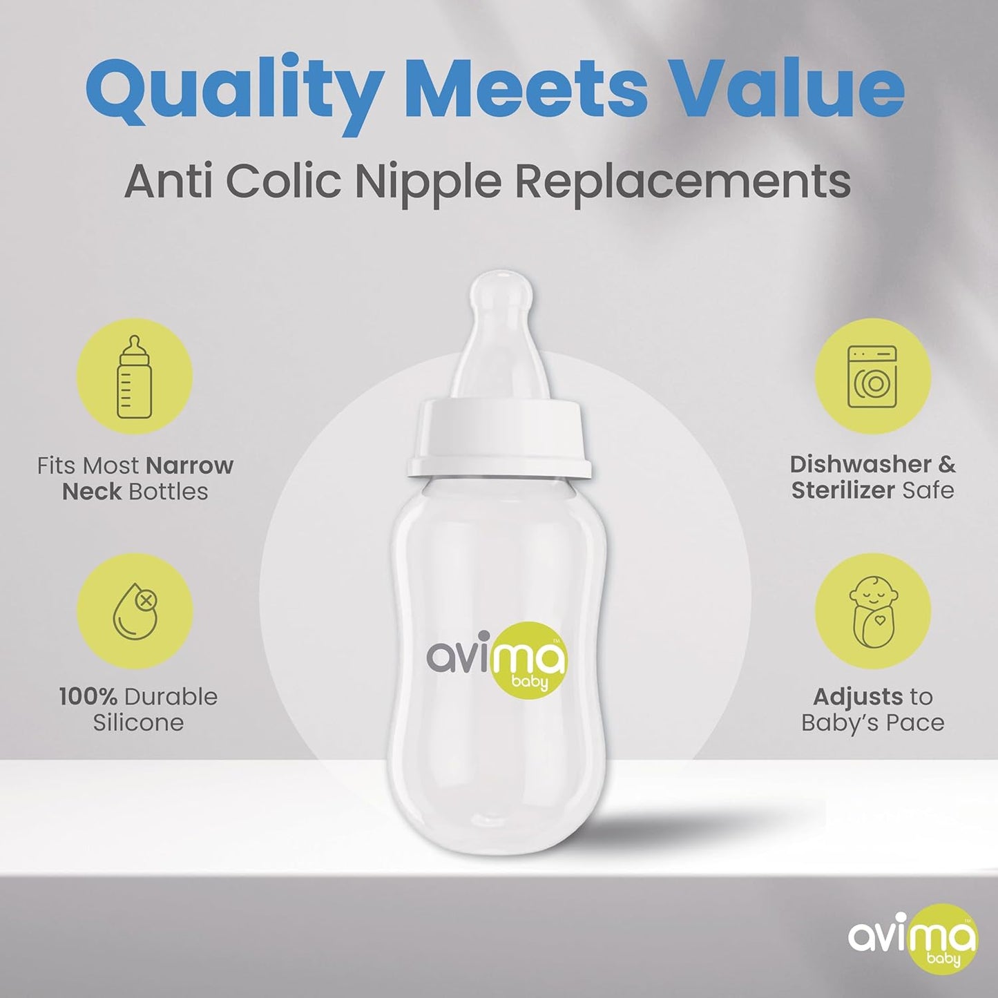 Avima Baby Anti Colic Nipples for Standard Neck Bottles, Silicone Breast Like Nipples - 3 to 6+ Months, Medium Flow, Level 2 (Pack of 6)