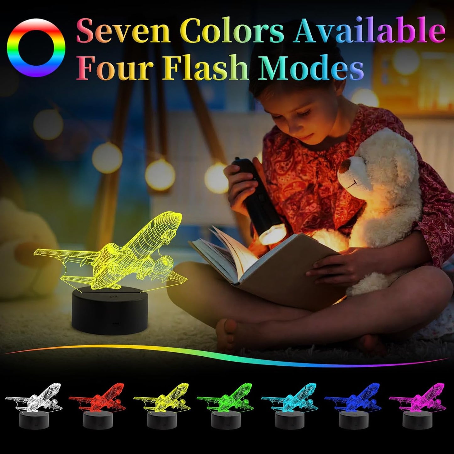 Airplane Night Light, 3D LED Illusion Night Lamp for Boys - Aircraft Themed Bedroom Lamps, Optical Illusion Lamp with Remote Control, Perfect for Kids' Room Décor, Cool Gifts for Airplane Lovers
