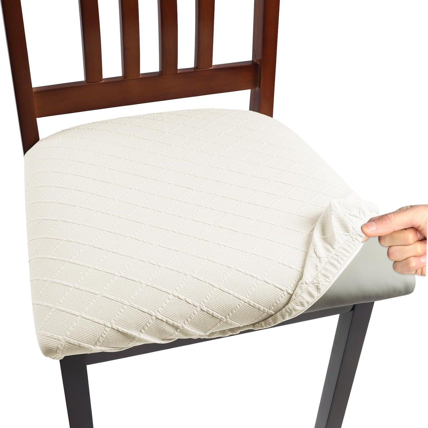 Yikko Chair Seat Covers, High-Density Check Jacquard Ekedalen Seat Covers for Dining Kitchen Restaurant Banquet, Stretch Removable Washable Chair Seat Cushion Protector (4, White)