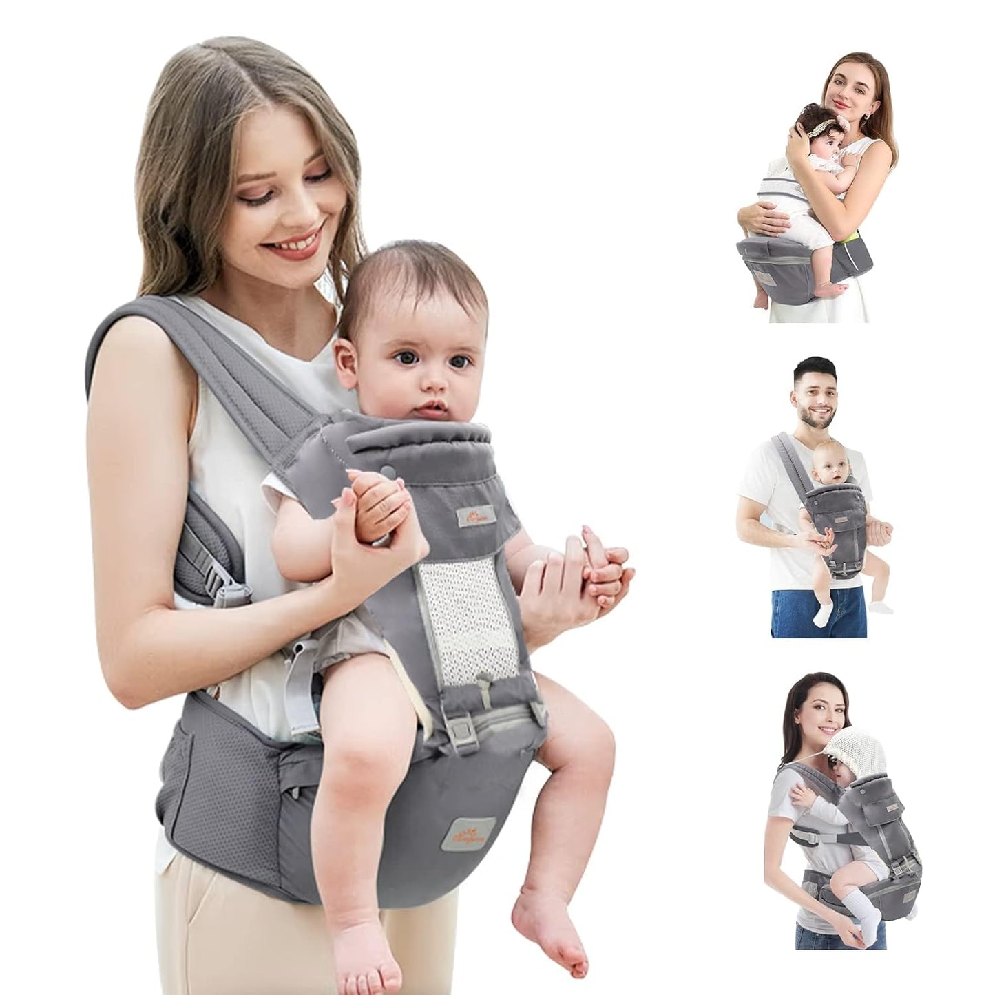 Baby Carrier with Hip Seat, 6 in 1 Baby Carrier Newborn to Toddler, Adjustable Infant Carrier with Hood, All Seasons & All Position Baby Holder Carrier for Breastfeeding