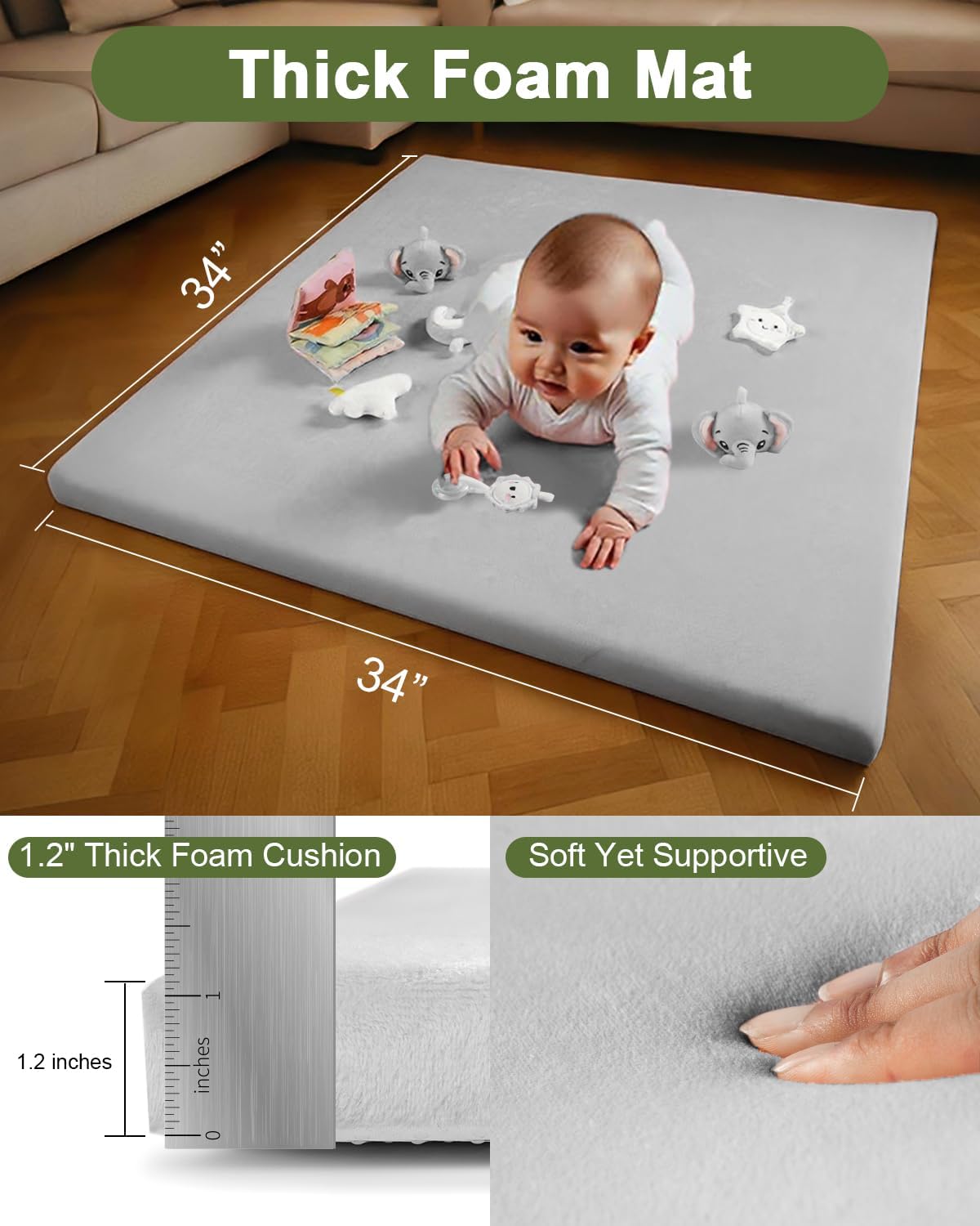 Baby Play Gym with Soft Foam Mat – Removable & Machine Washable Cover, Velvet Tummy Time Mat with 6 Sensory Toys, Non-Slip Activity Mat for Infant Development, Newborn Essentials Gift, Grey
