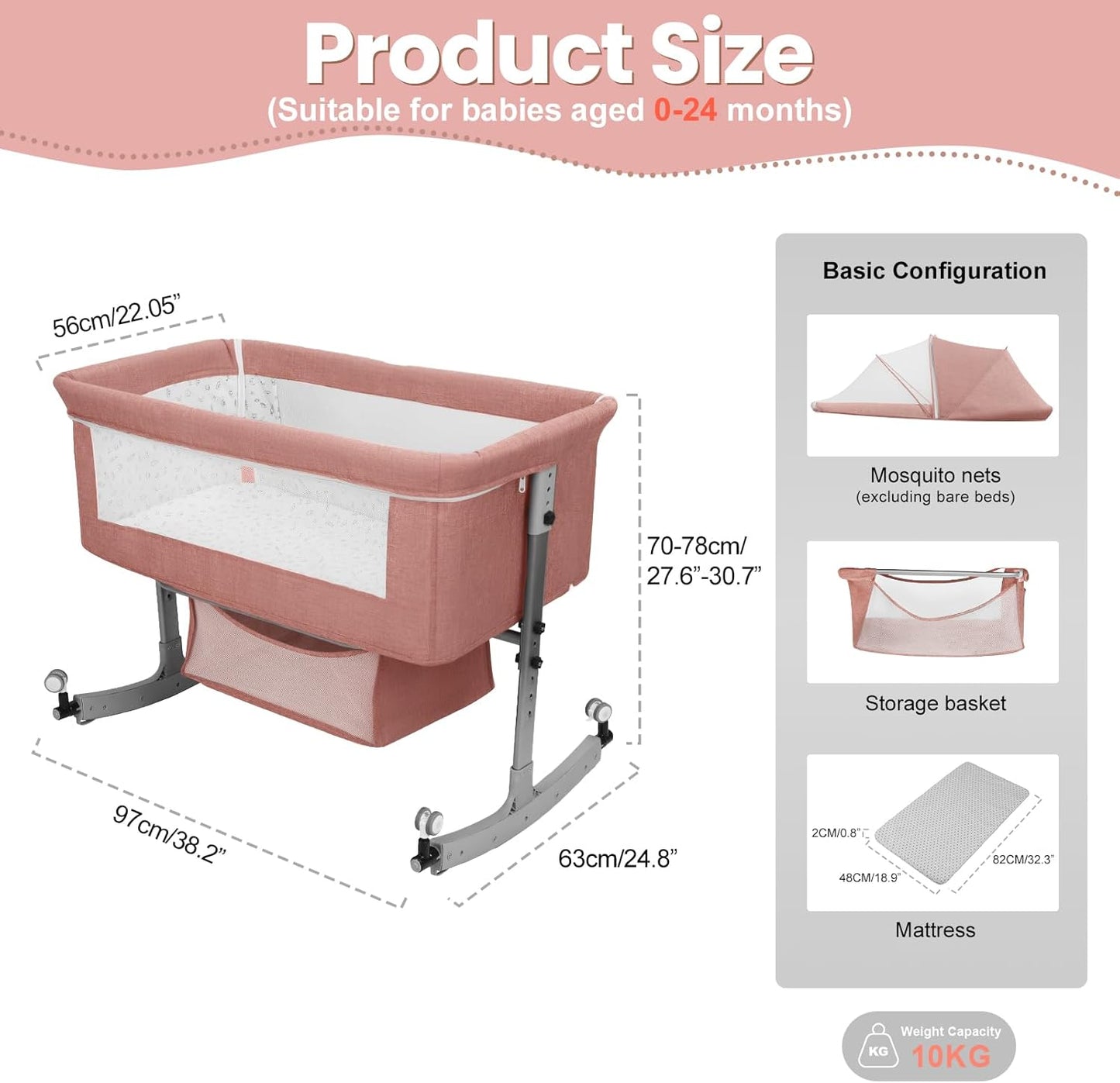 3-in-1 Baby Bassinet Bedside Sleeper for Newborns & Infants - 6-Level Height Adjustable, Portable Convertible Bassinet/Cradle with Mosquito Net, Storage Basket & Wheels,Easy Assemble (Pink)